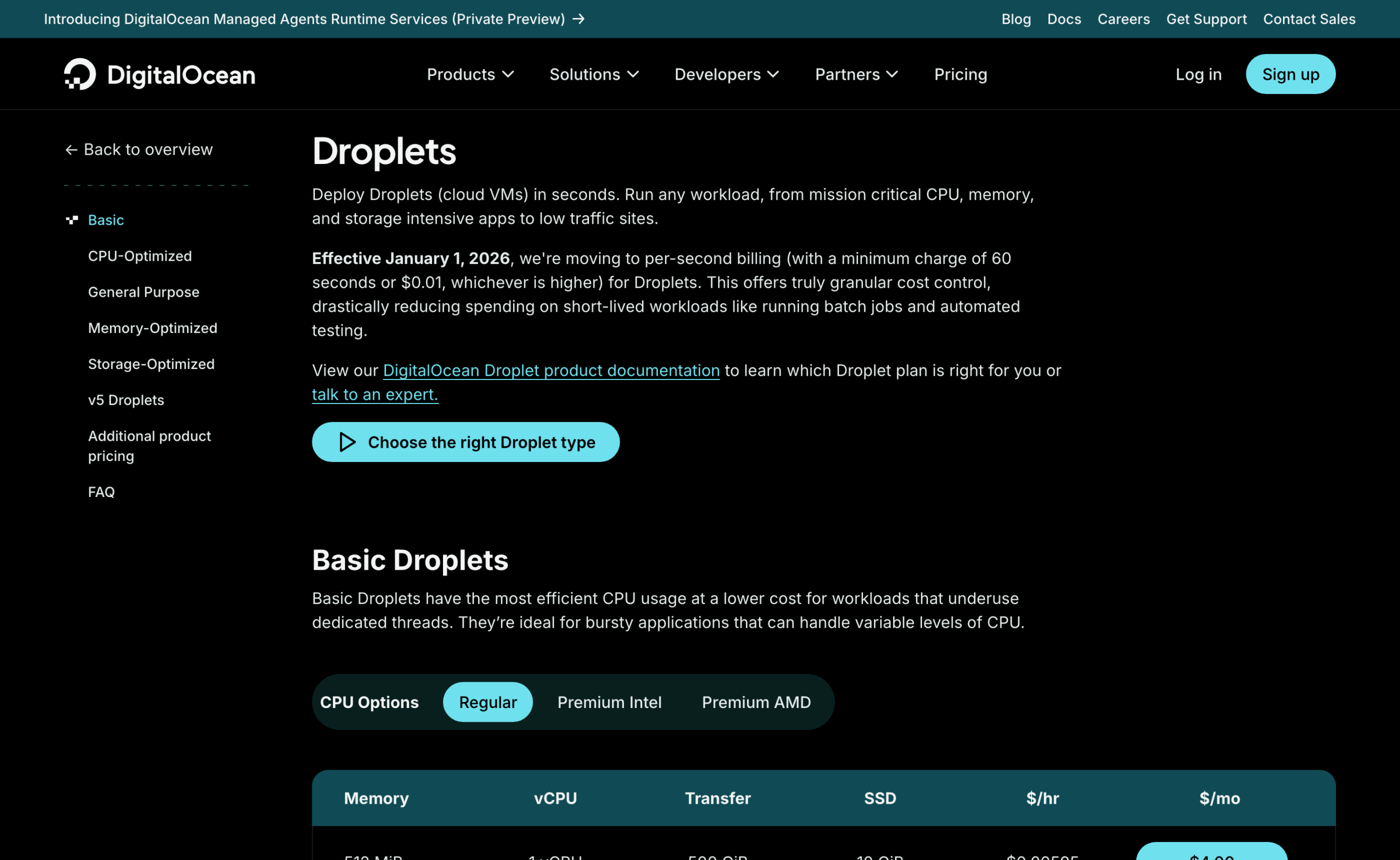 The DigitalOcean Droplets pricing page showing per-second billing from 1 January 2026 and the Basic Droplet table