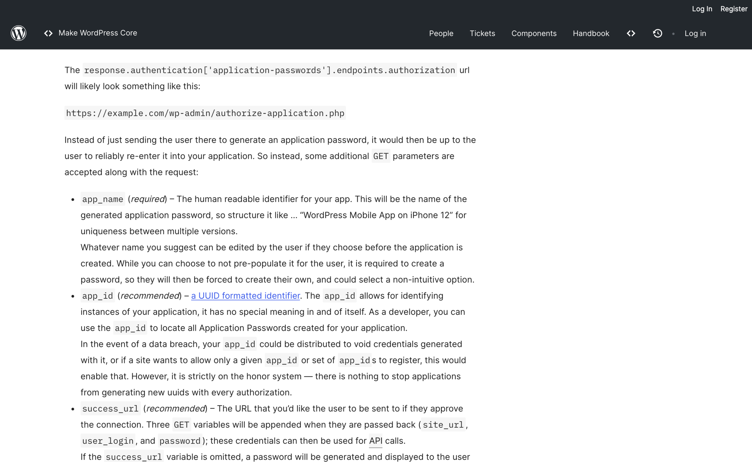 A Make WordPress Core post describing authorize-application.php and its app_name, app_id and success_url parameters