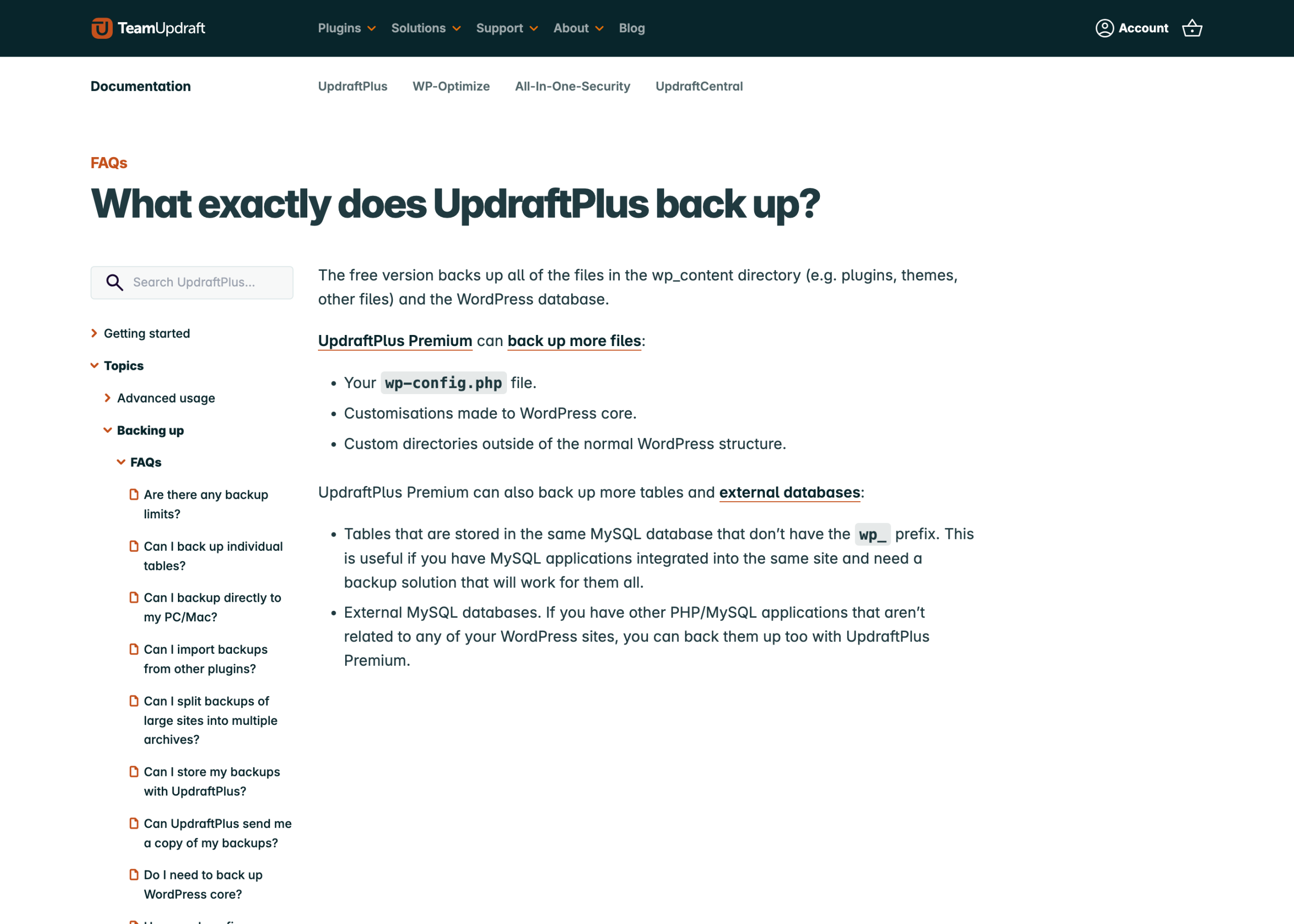 The TeamUpdraft documentation page describing exactly what UpdraftPlus backs up.