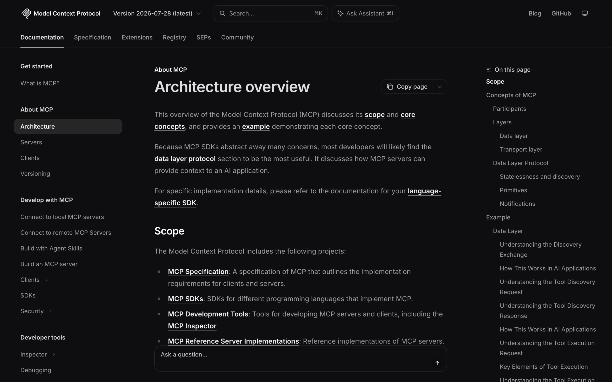 The Model Context Protocol architecture page on modelcontextprotocol.io.