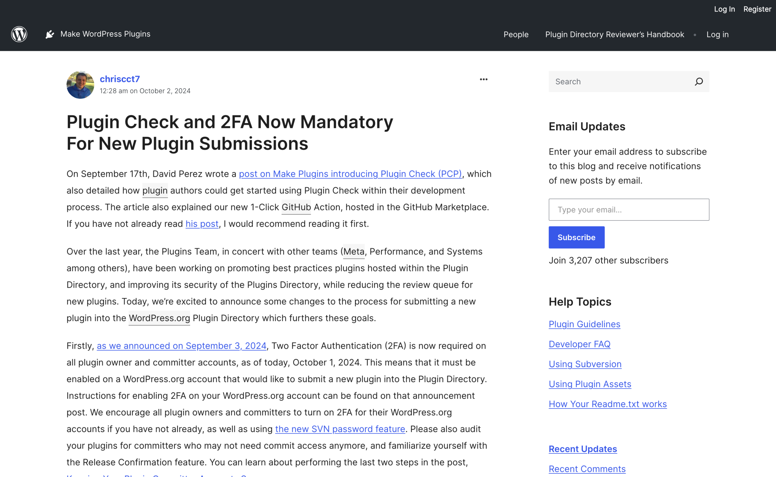 The Make WordPress Plugins post announcing Plugin Check and two factor authentication as mandatory for new plugin submissions