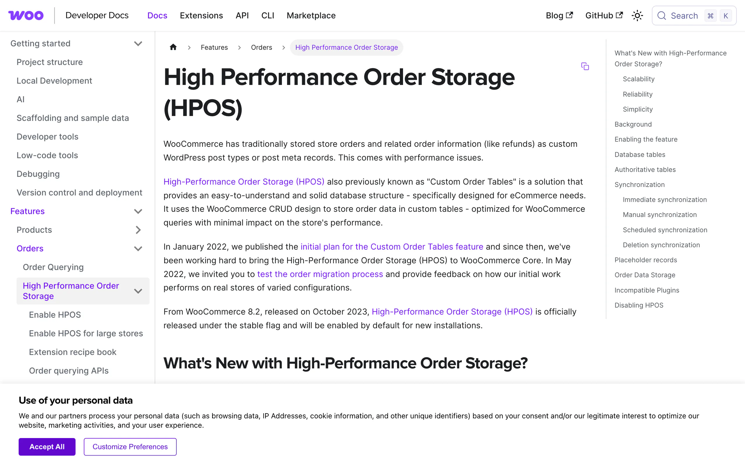 WooCommerce documentation page for High Performance Order Storage