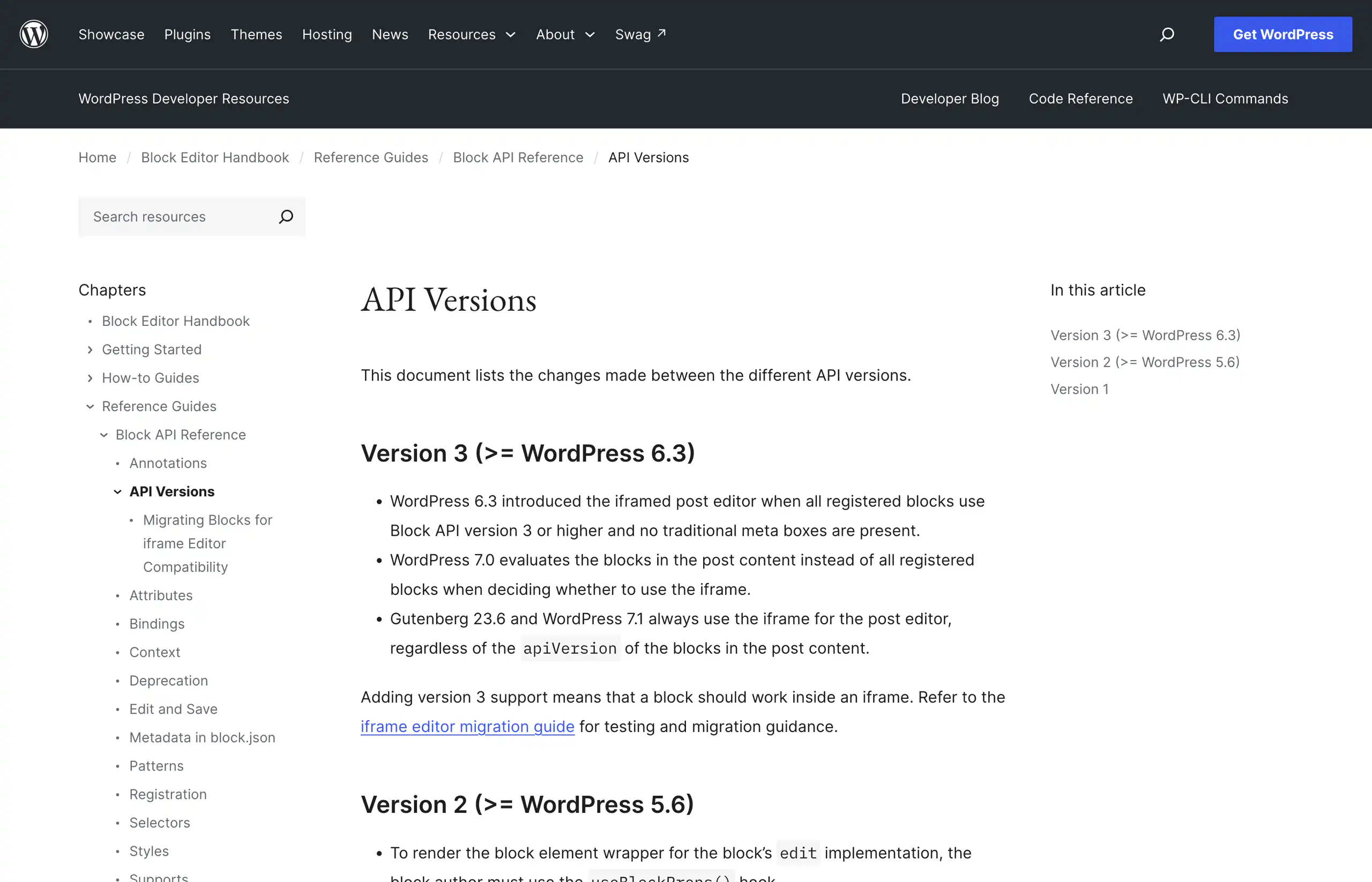 The WordPress block editor handbook API Versions page listing the three changes to iframe behaviour across WordPress 6.3, 7.0 and 7.1.