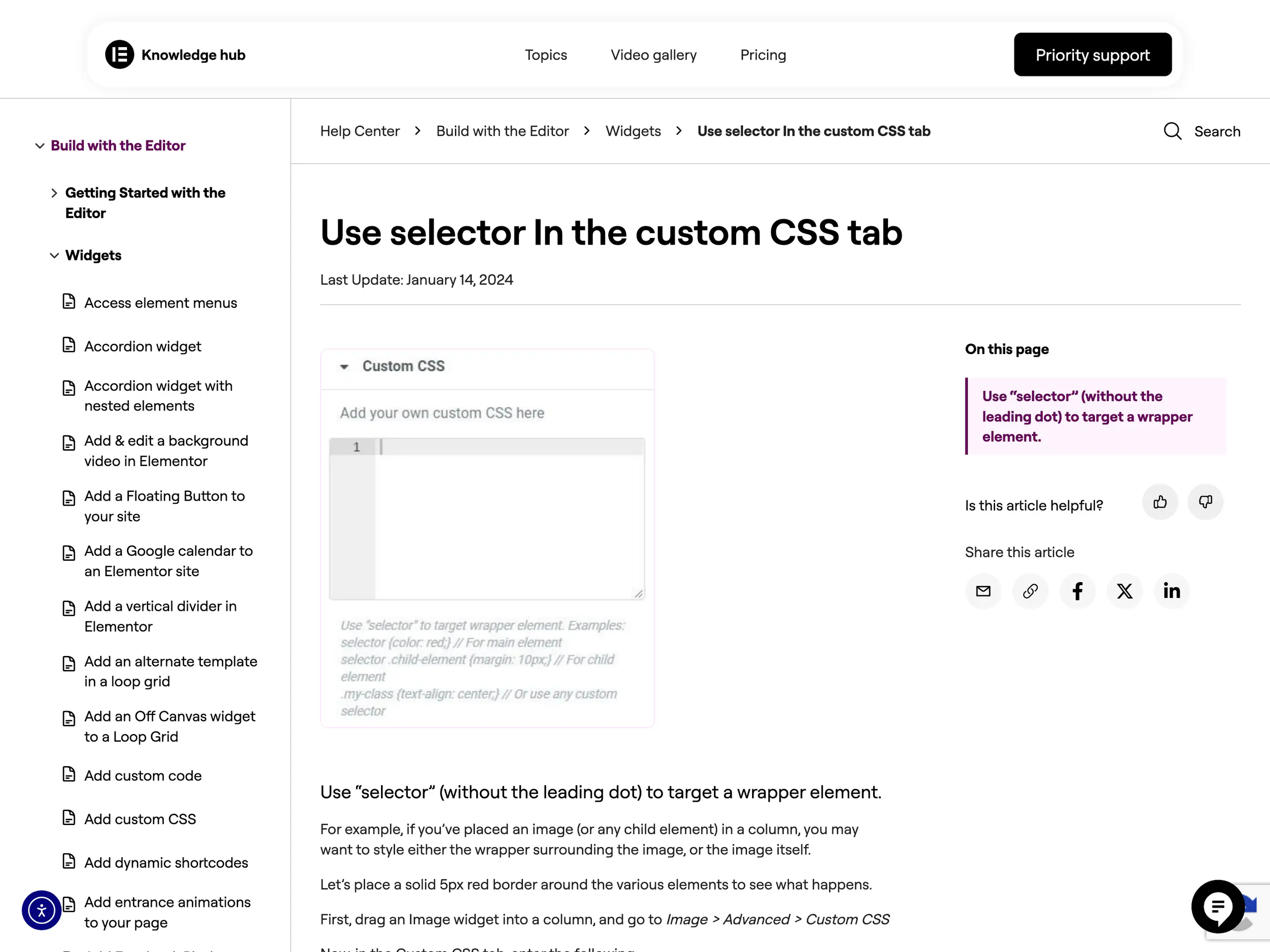 Elementor documentation page Use selector in the custom CSS tab, last updated January 14 2024.