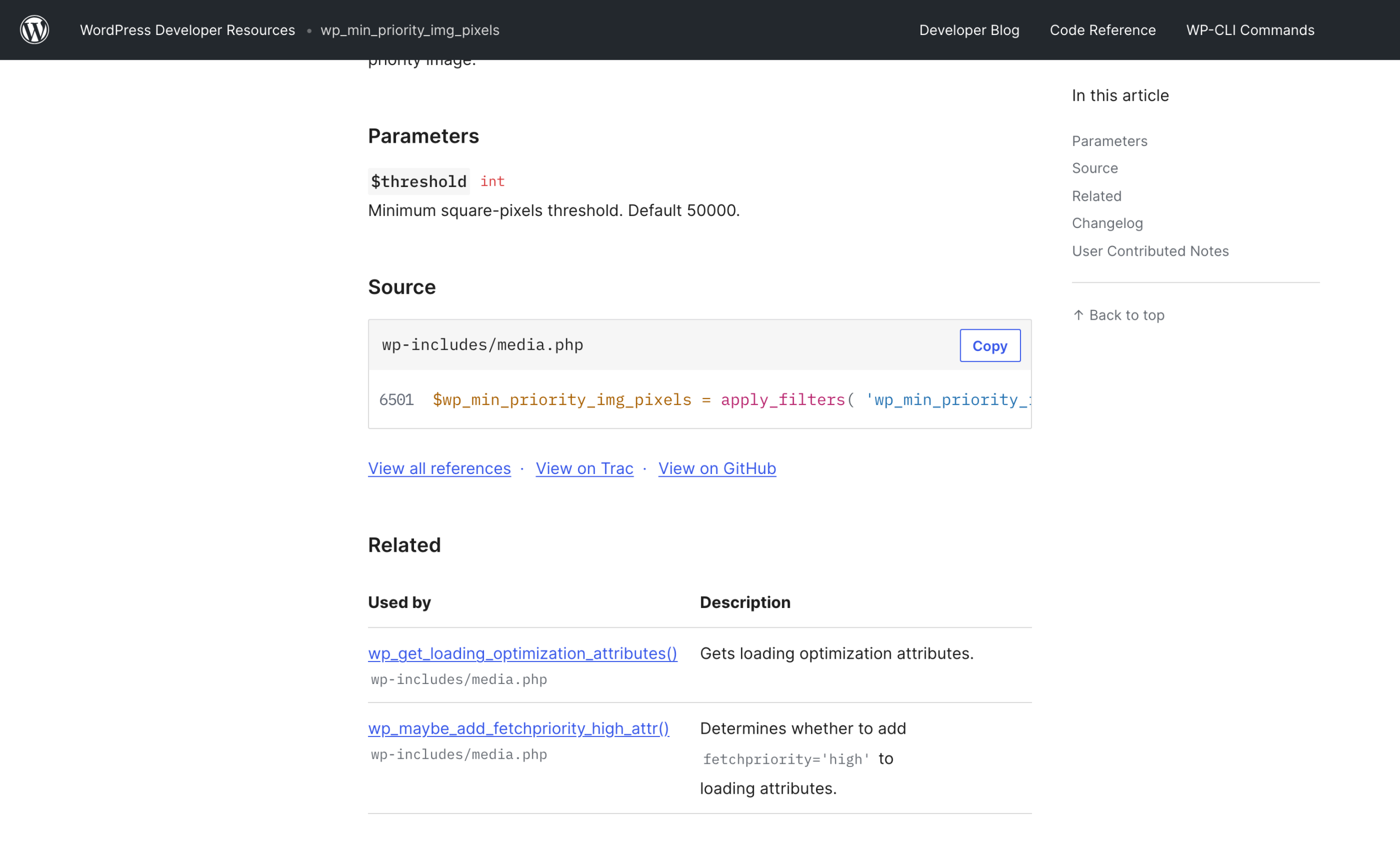 WordPress reference page for wp_min_priority_img_pixels showing a minimum square pixels default of 50000