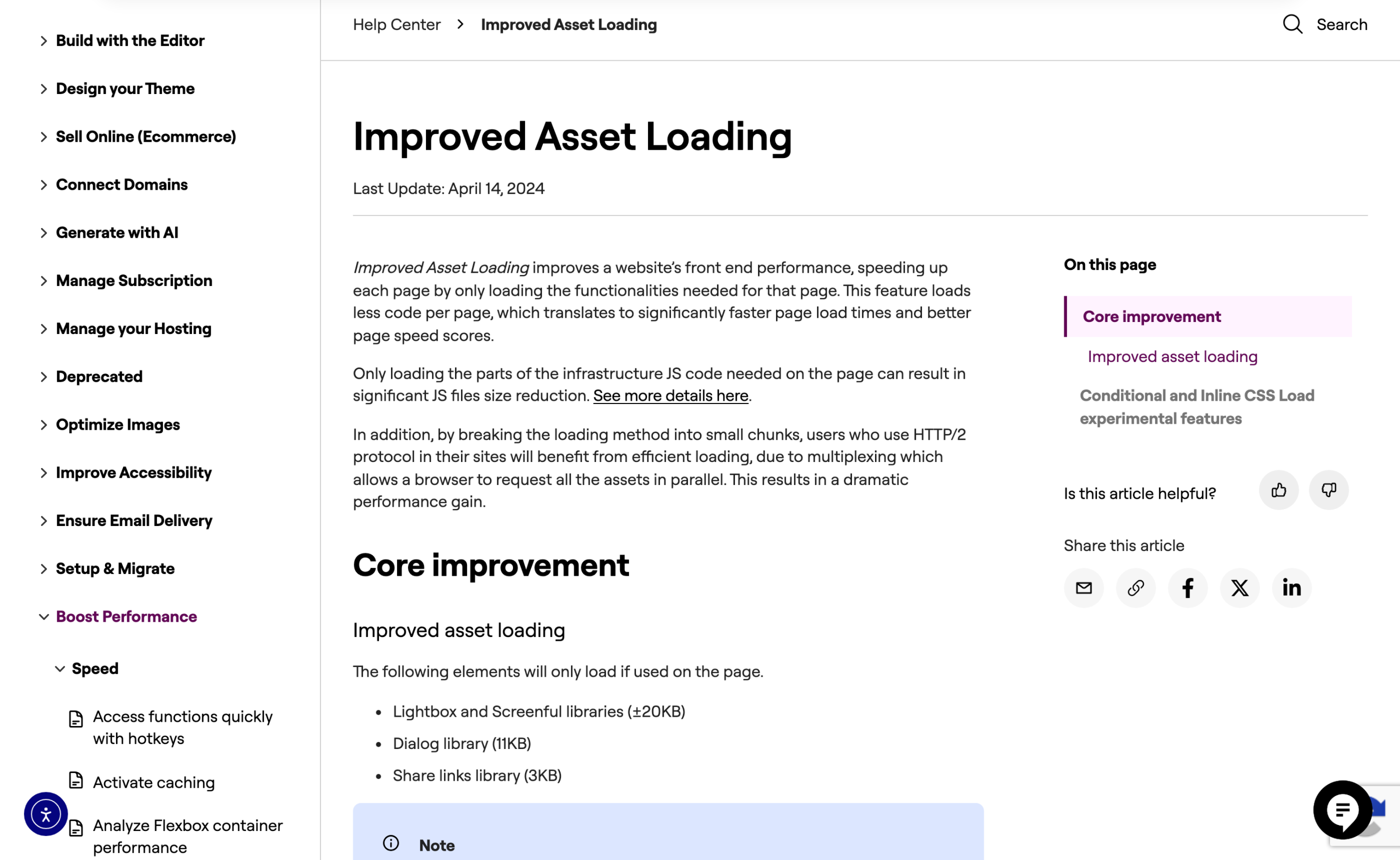 Elementor help page for Improved Asset Loading listing the lightbox, dialog and share links libraries and their sizes