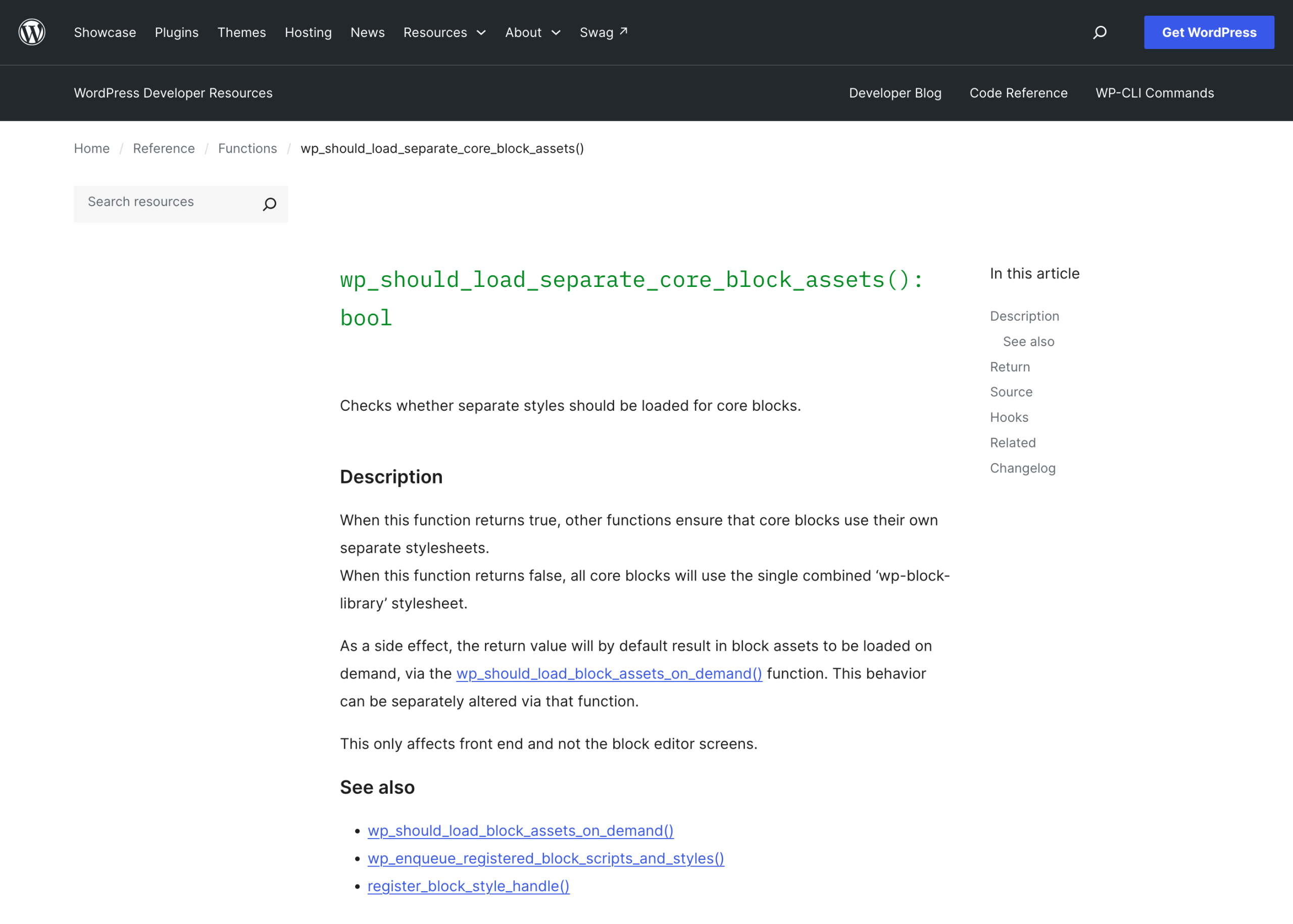 The WordPress code reference page for wp_should_load_separate_core_block_assets, describing the combined wp-block-library stylesheet.
