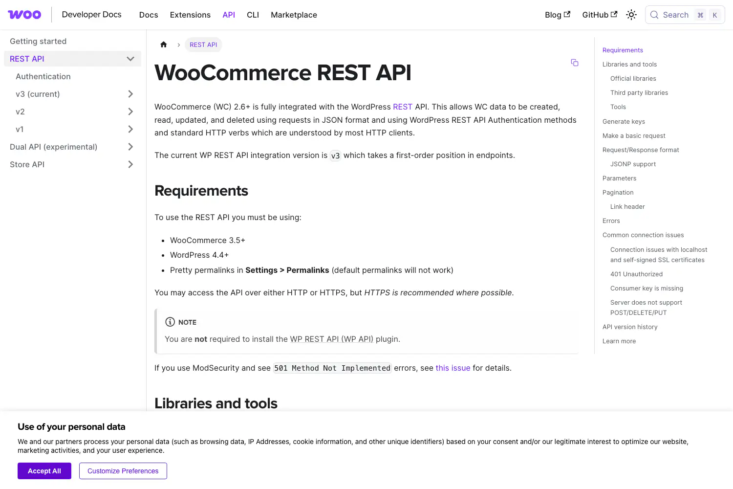 The WooCommerce REST API documentation requirements section.