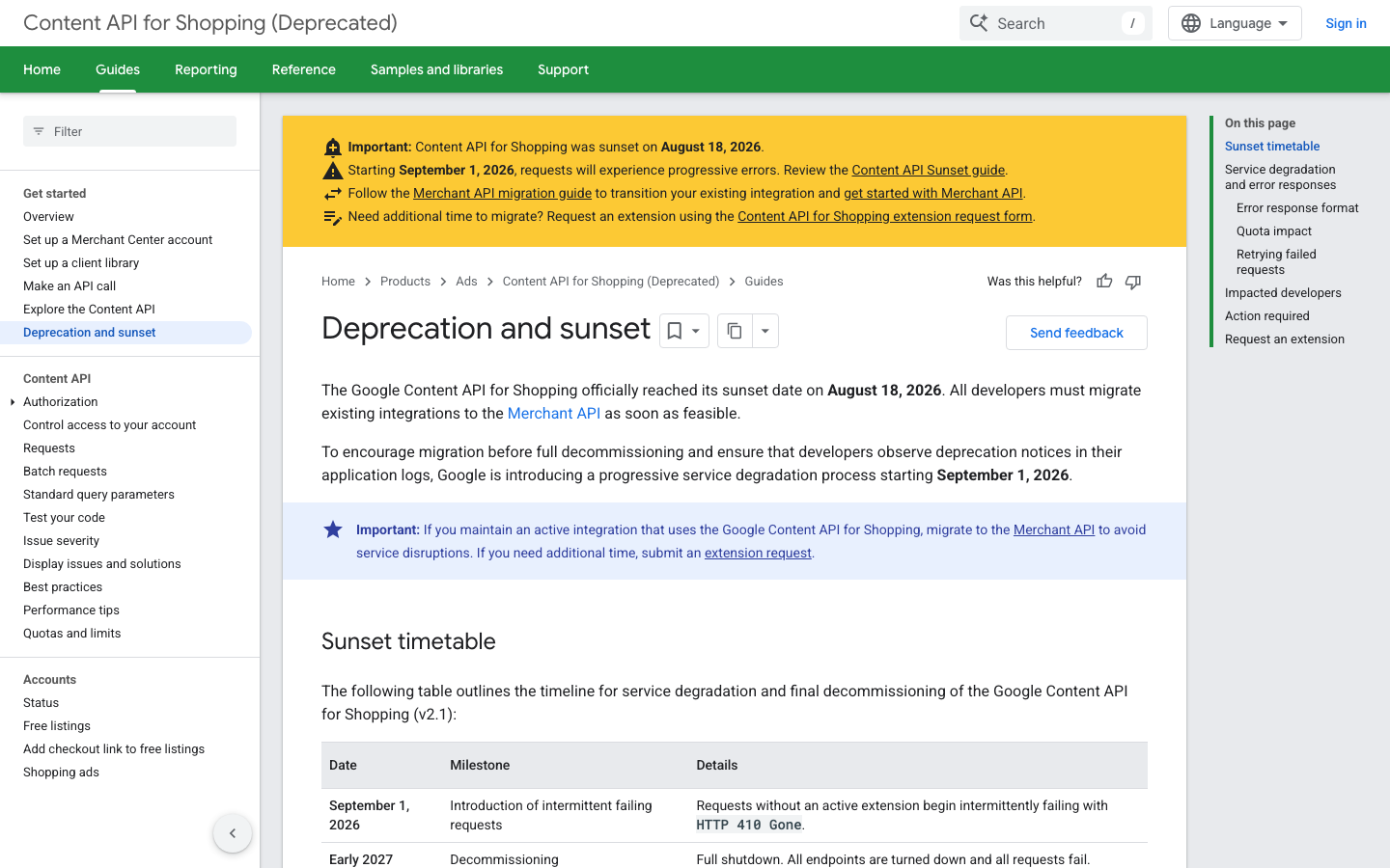 Google's Content API for Shopping deprecation page showing the sunset date and the 410 timetable.