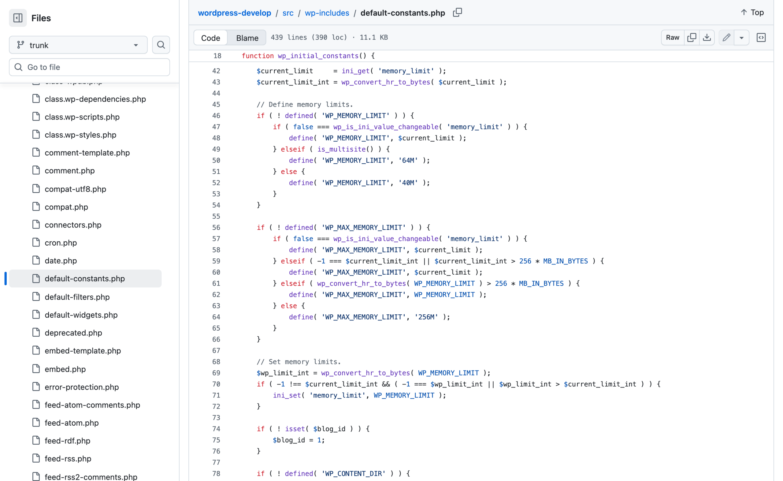 wp_initial_constants in default-constants.php defining WP_MEMORY_LIMIT at 40M, 64M on multisite, and WP_MAX_MEMORY_LIMIT at 256M