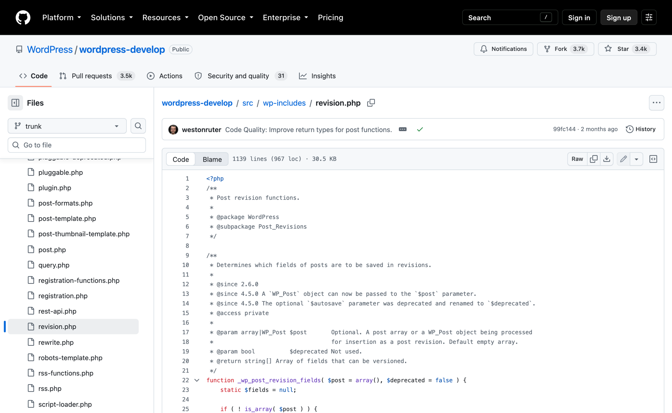 src/wp-includes/revision.php in the wordpress-develop repository, 1139 lines, opening on _wp_post_revision_fields
