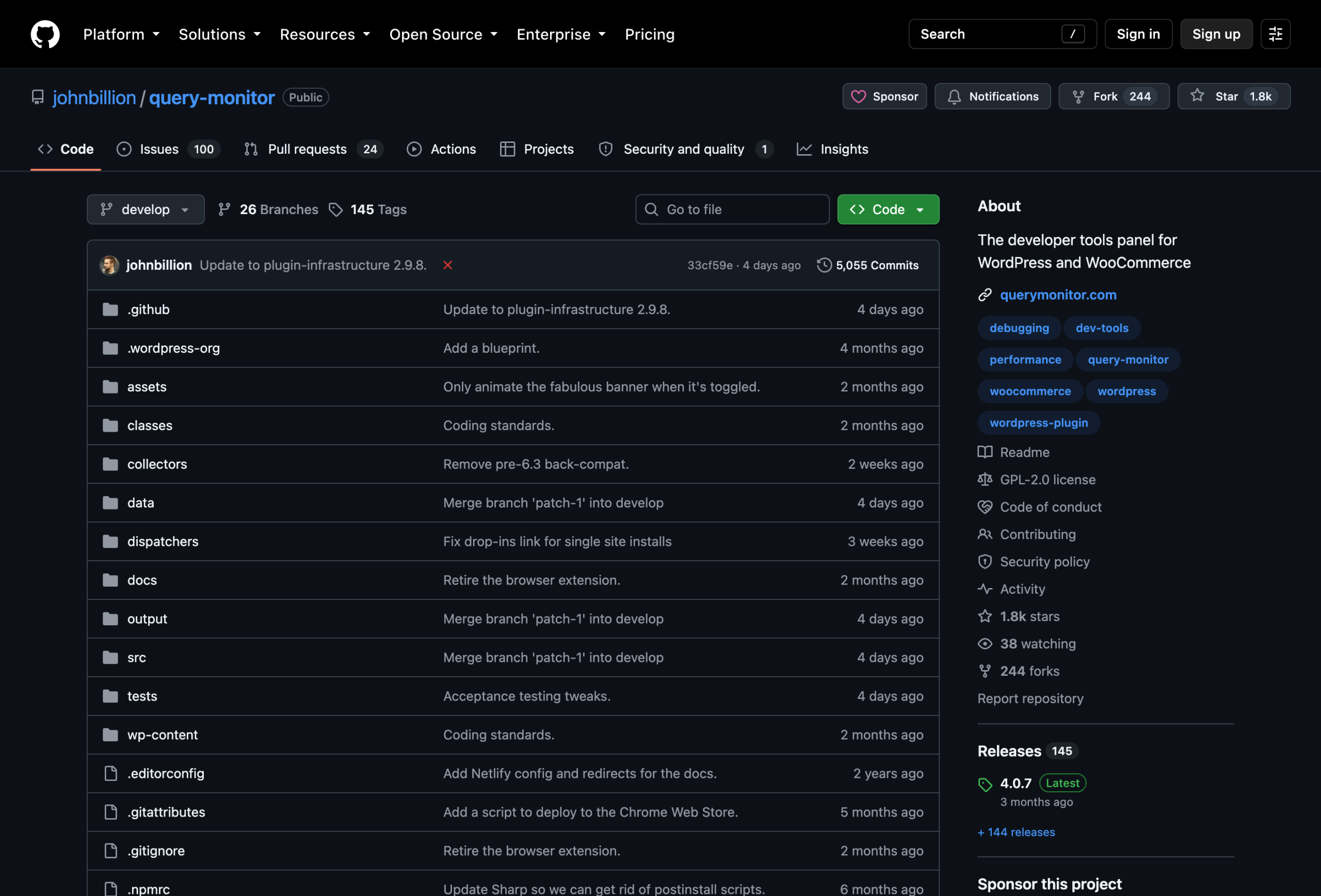 The johnbillion/query-monitor repository on GitHub, the source of the db.php drop-in explanation.