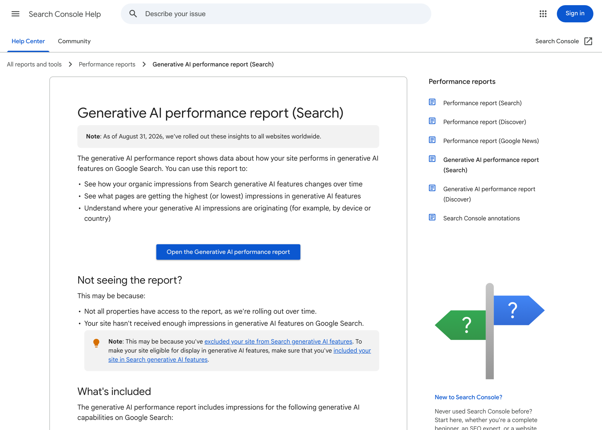 The Search Console help page for the Generative AI performance report, noting the 31 August 2026 worldwide rollout.