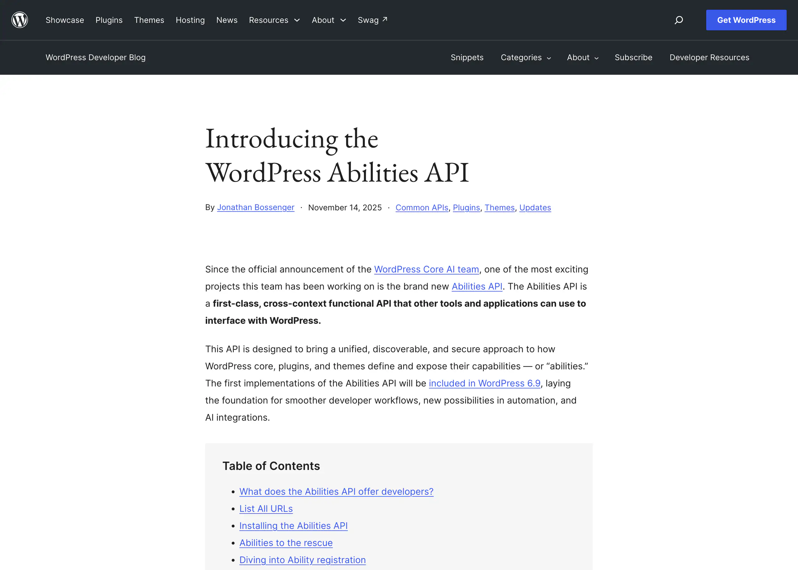 The WordPress Developer Blog article Introducing the WordPress Abilities API, showing the author, the November 2025 date, and a table of contents that includes Installing the Abilities API.