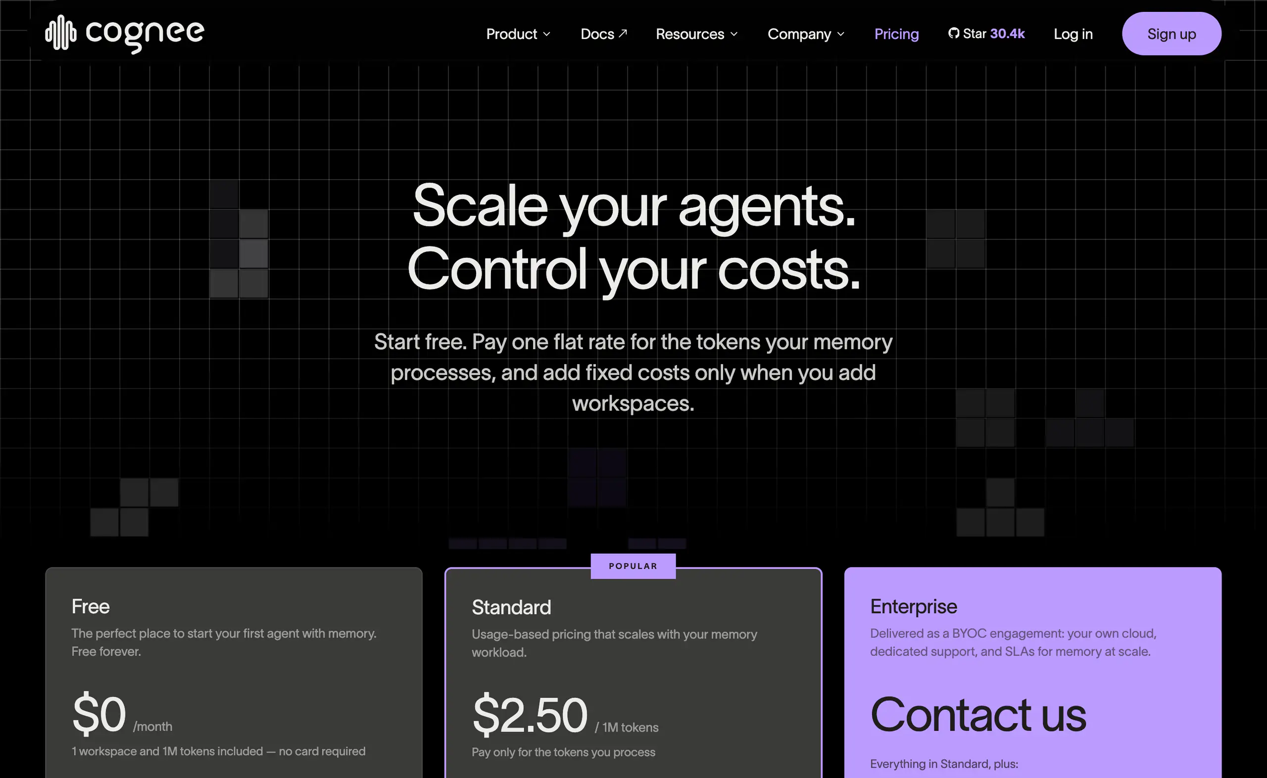 Cognee pricing page showing Free, Standard at 2.50 dollars per 1M tokens, and Enterprise as a bring your own cloud engagement