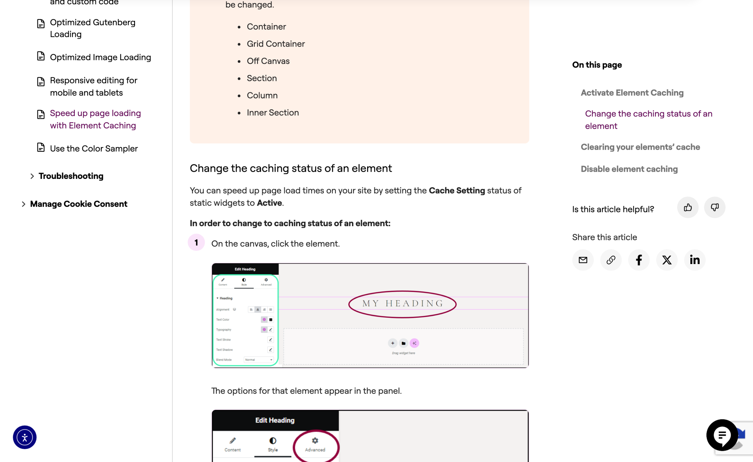 Elementor help page showing how to change the caching status of an element in the editor panel