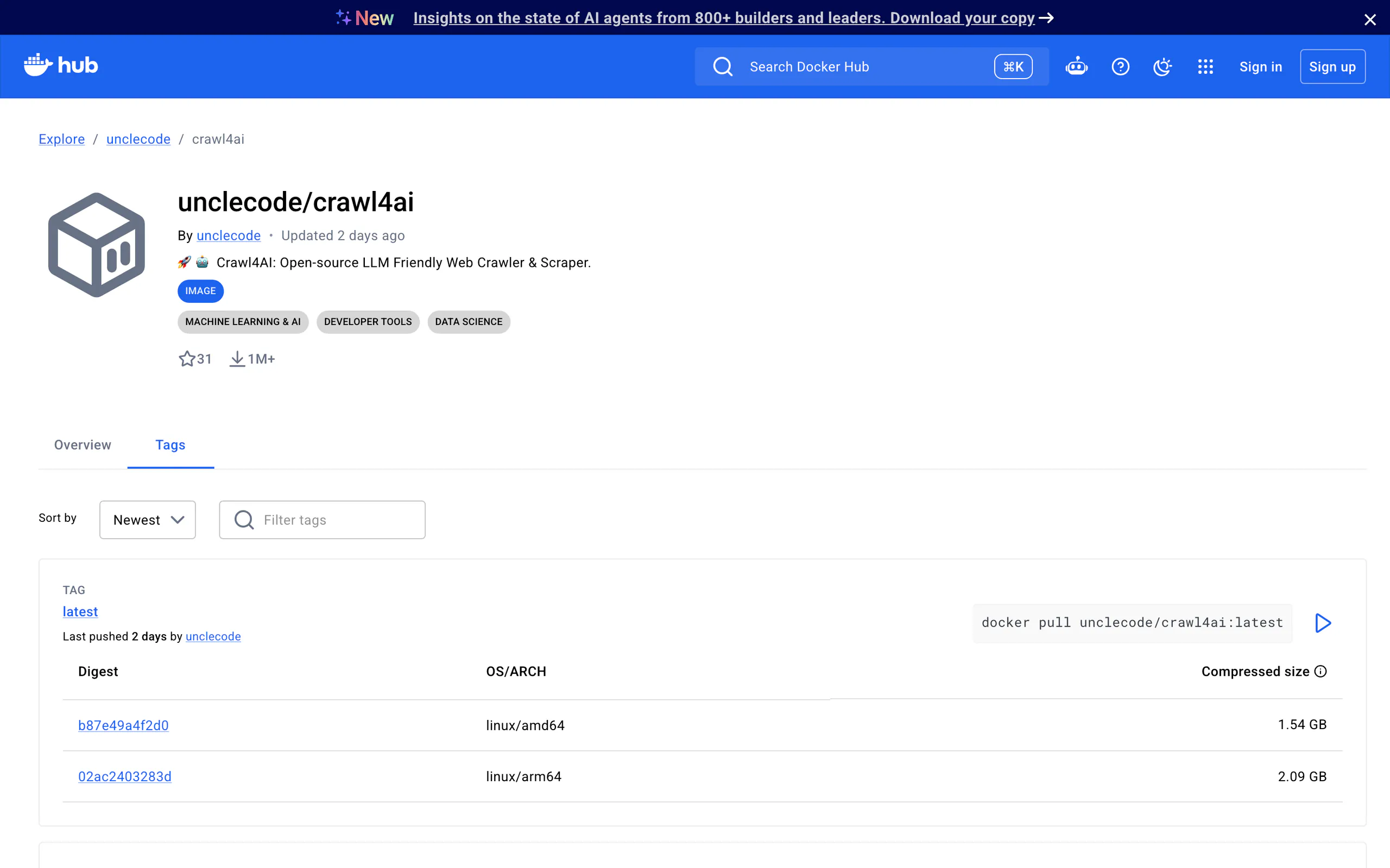 Docker Hub page for unclecode/crawl4ai showing the latest tag, 1M+ pulls and compressed image sizes of 1.54 GB for amd64