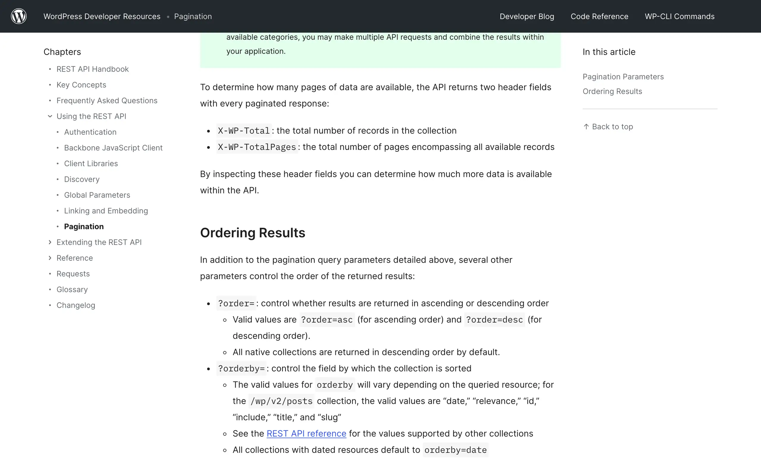 WordPress REST API pagination handbook showing X-WP-Total and X-WP-TotalPages headers