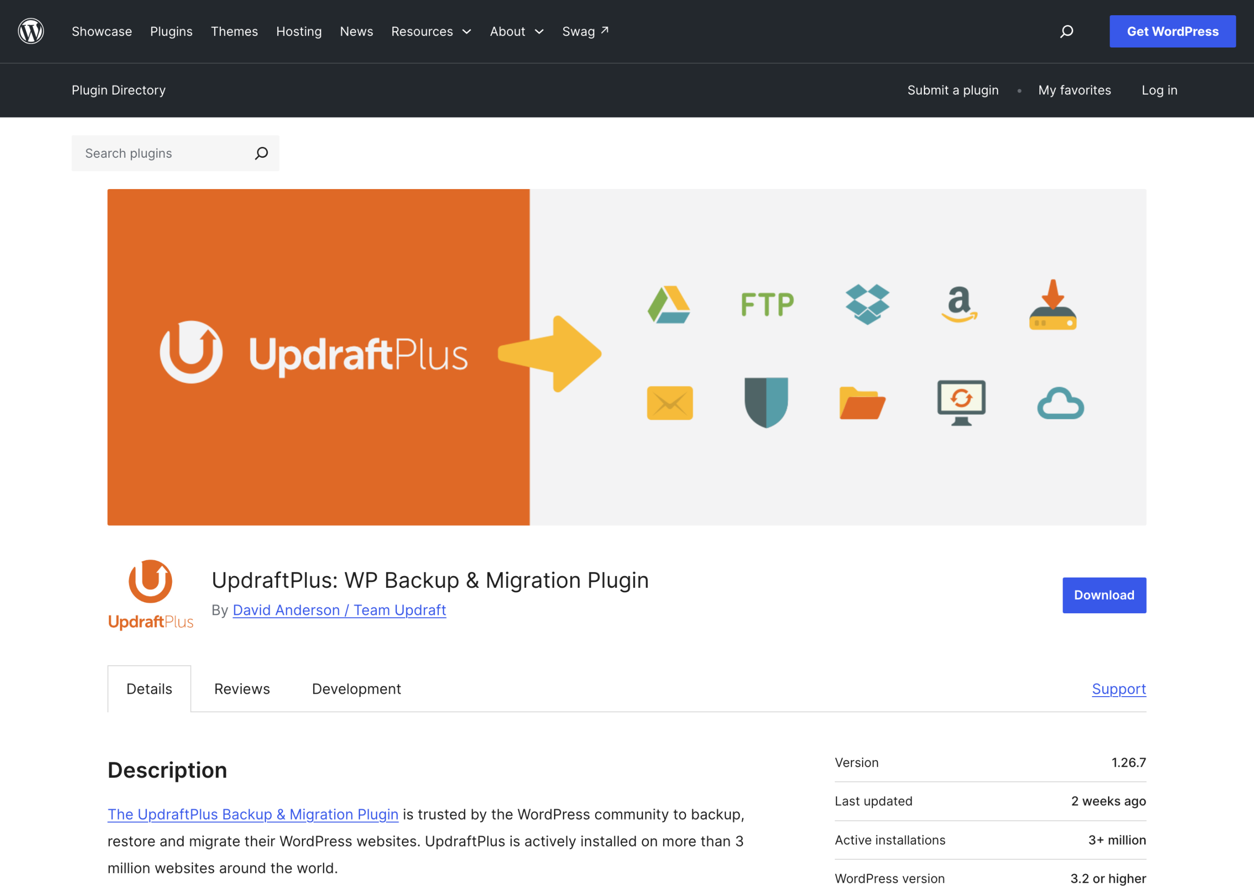 The UpdraftPlus listing on the WordPress.org plugin directory.