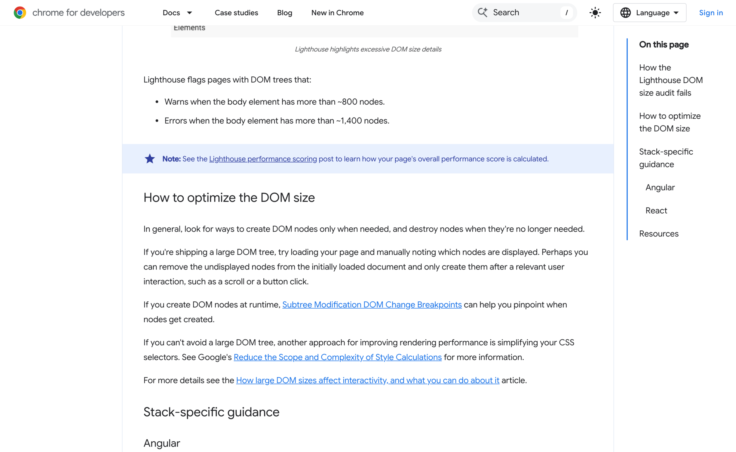 Chrome Lighthouse DOM size documentation stating it warns above about 800 body nodes and errors above about 1400