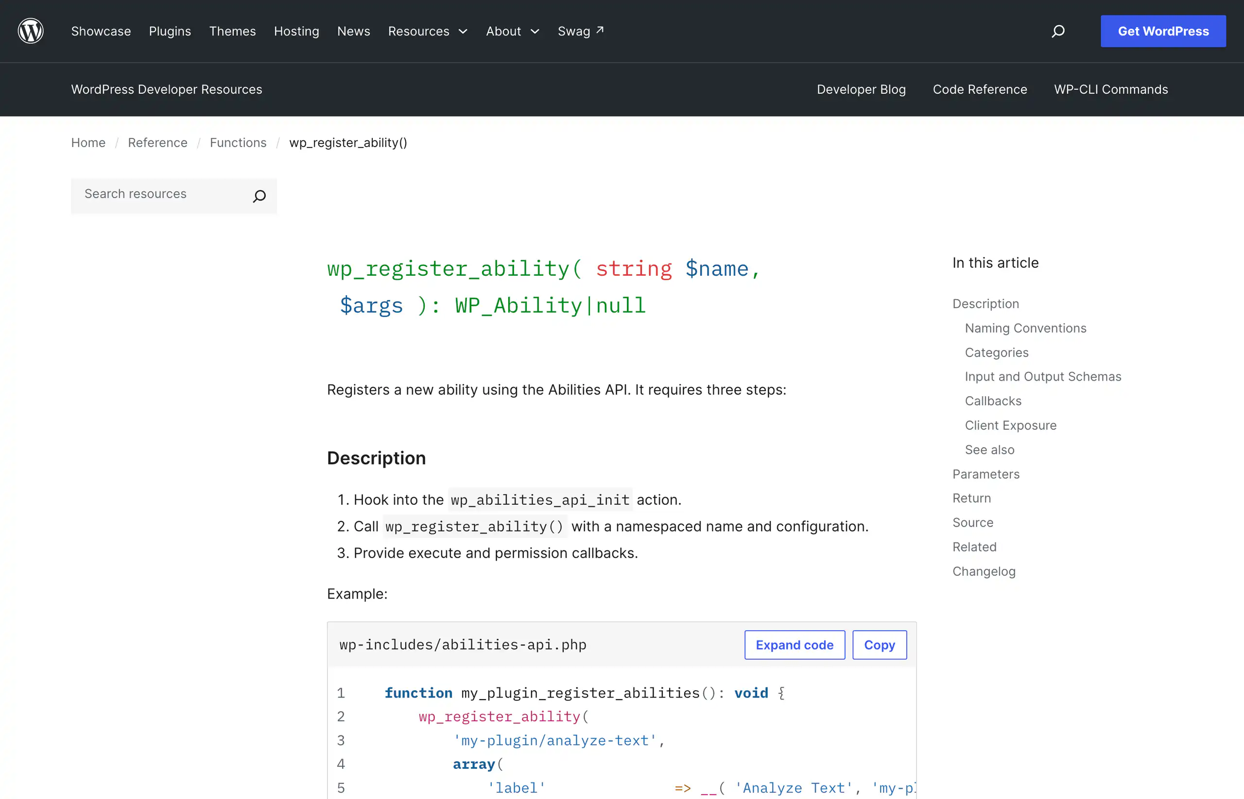The developer.wordpress.org code reference page for wp_register_ability showing the signature and the three registration steps.