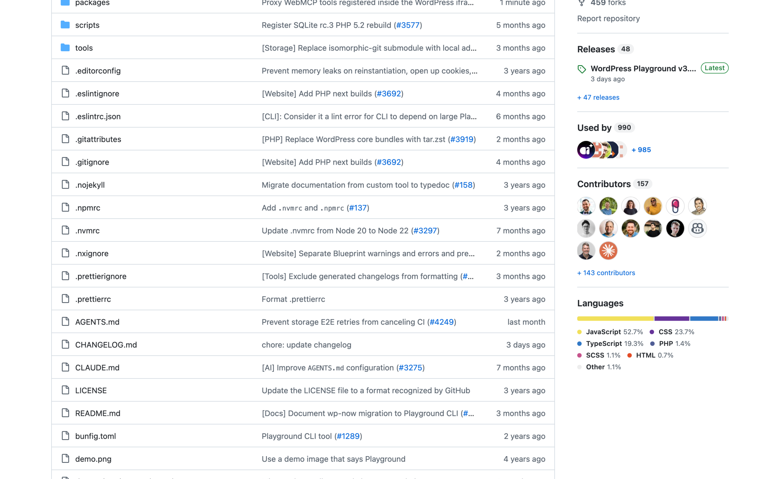 The WordPress Playground repository on GitHub showing 48 releases, 157 contributors and 990 dependent projects