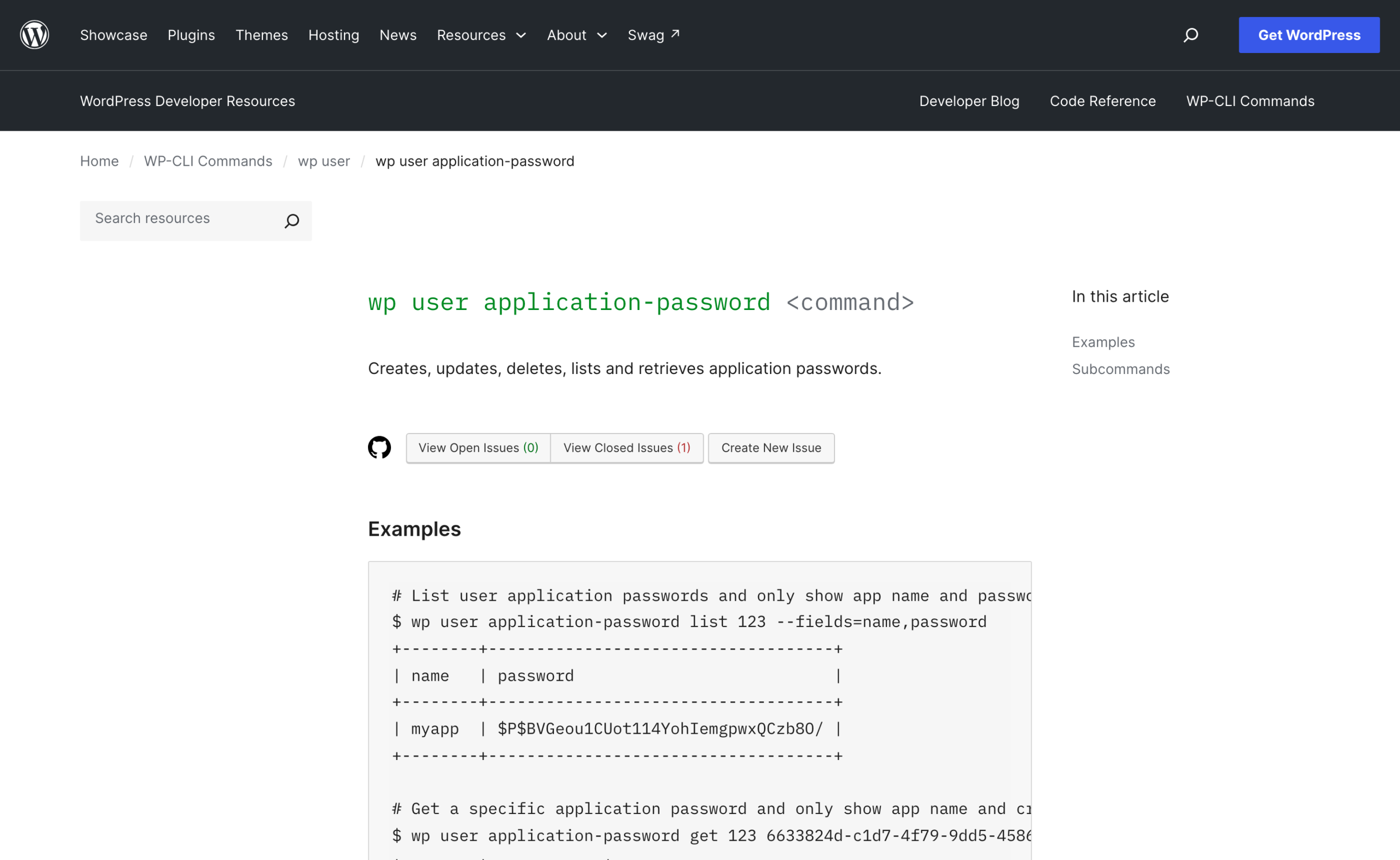 The wp user application-password command reference showing the list subcommand printing a stored password hash
