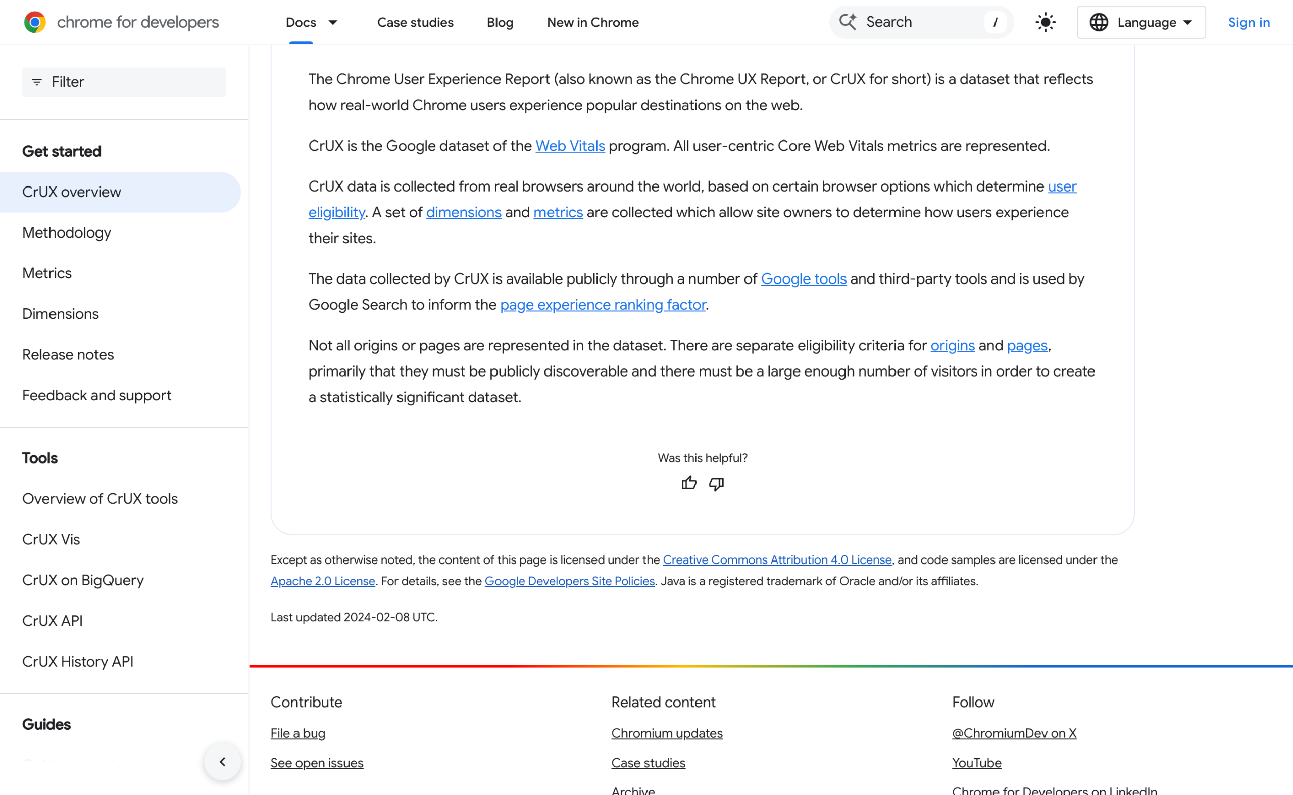 Chrome UX Report overview page explaining an origin needs enough visitors for a statistically significant dataset