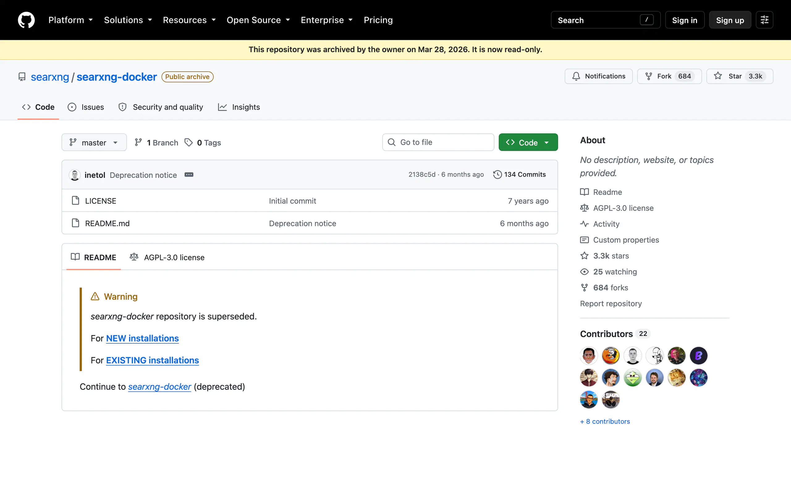 GitHub page for searxng/searxng-docker showing an archived banner dated Mar 28, 2026 and a deprecation warning in the README
