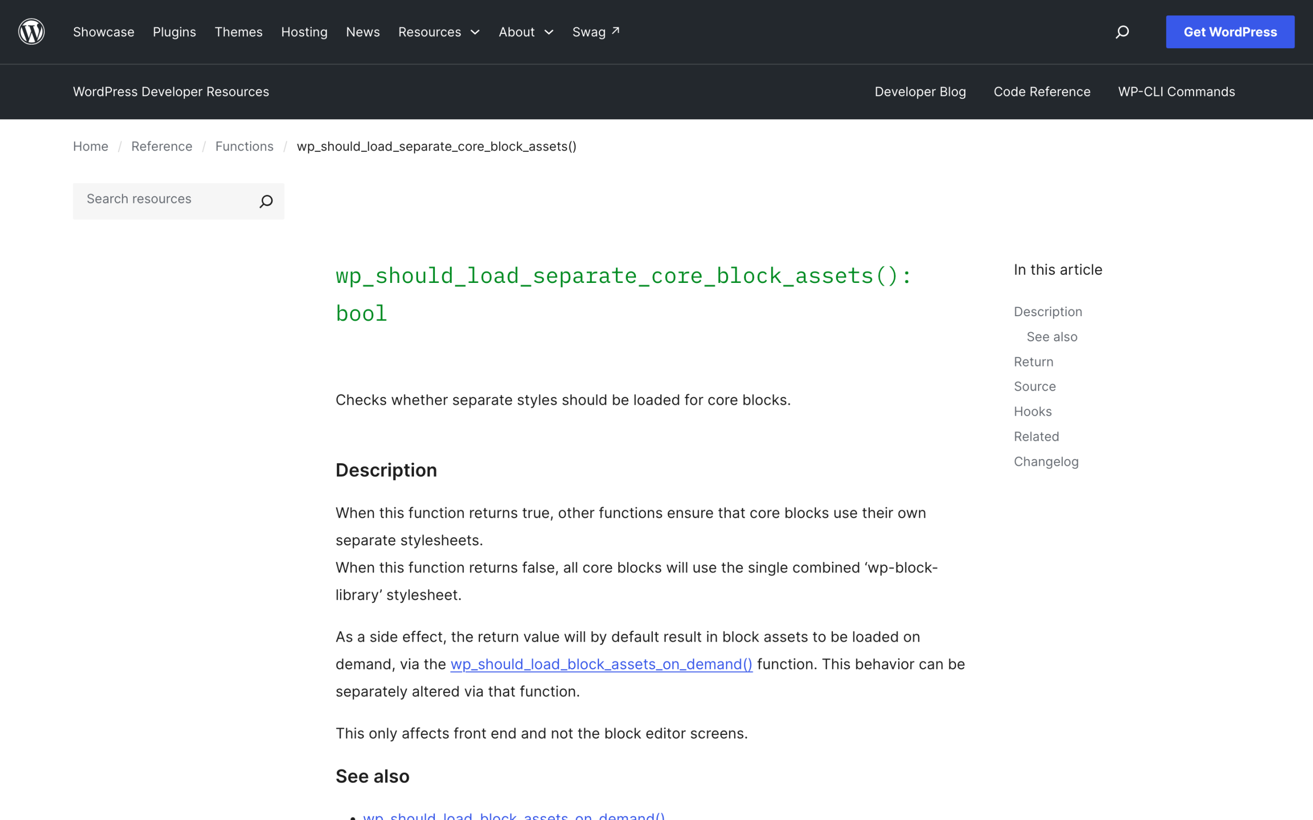 WordPress Developer Resources page for wp_should_load_separate_core_block_assets()