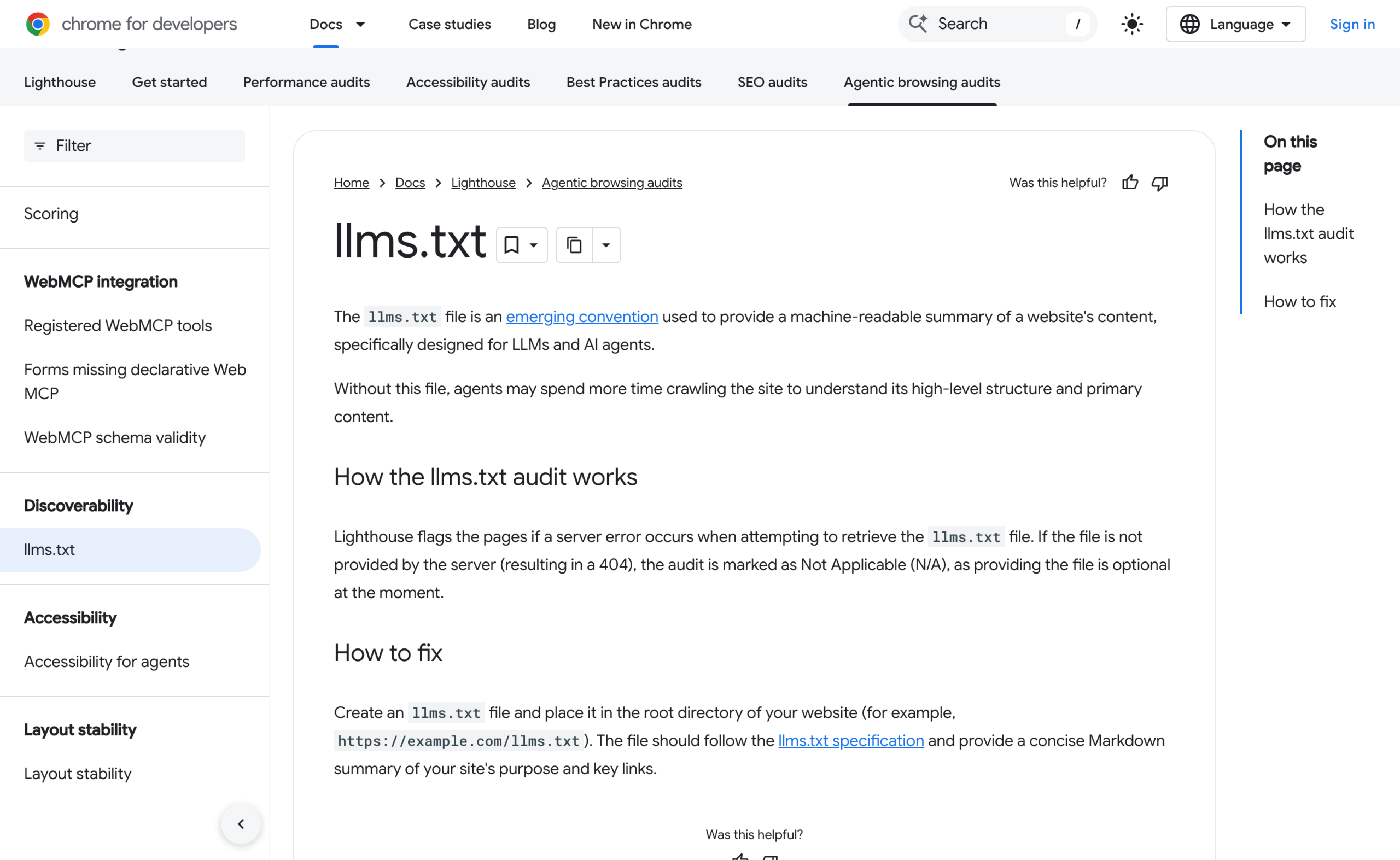 Chrome Lighthouse agentic browsing documentation for the llms.txt audit, which is marked Not Applicable when the file is missing
