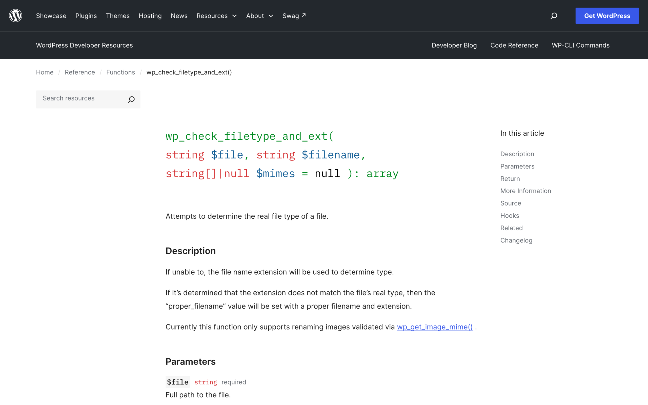 The wp_check_filetype_and_ext function reference page on developer.wordpress.org.