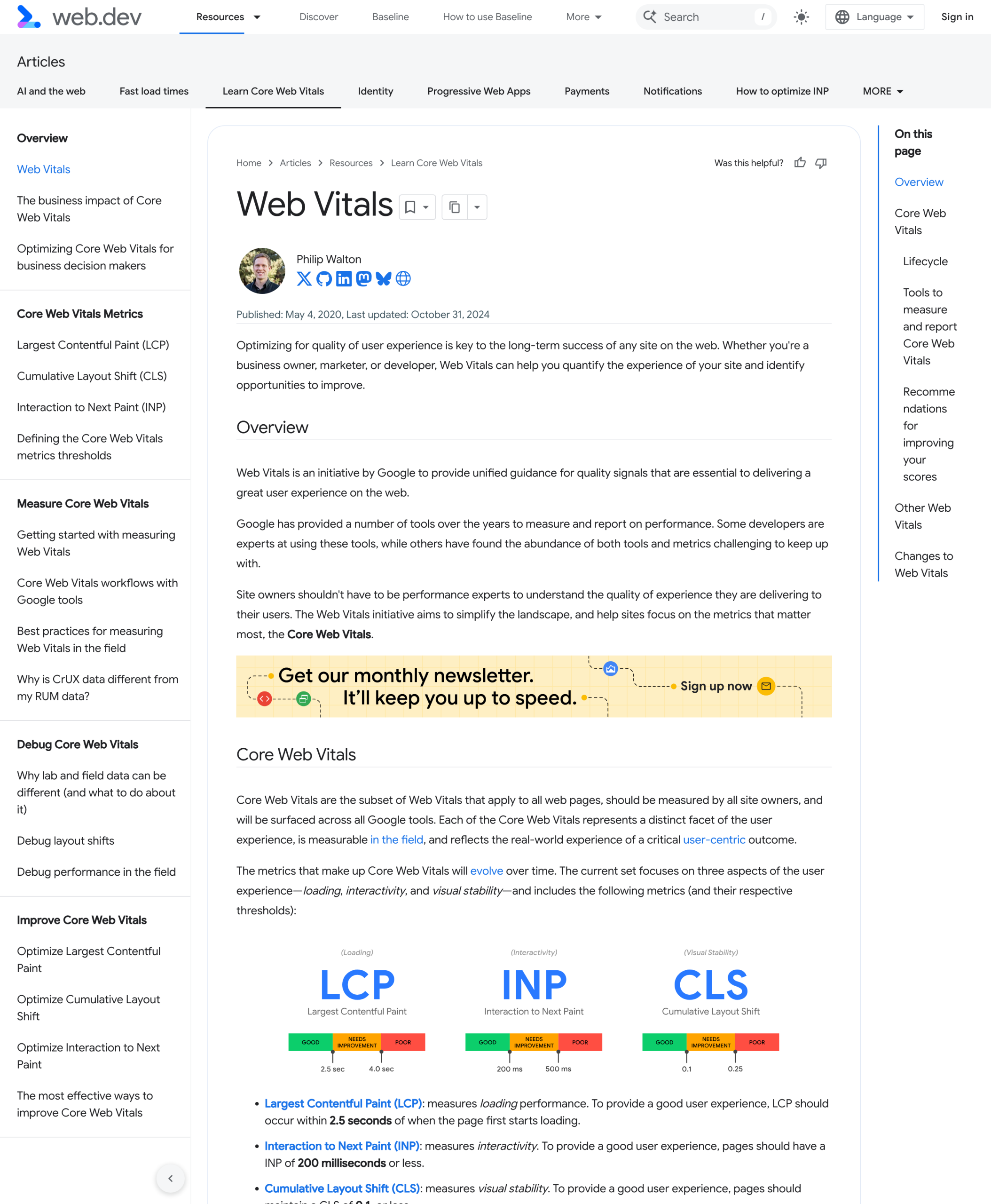 The web.dev Web Vitals article showing the LCP, INP and CLS threshold bars with 2.5 and 4.0 seconds, 200 and 500 milliseconds, and 0.1 and 0.25.