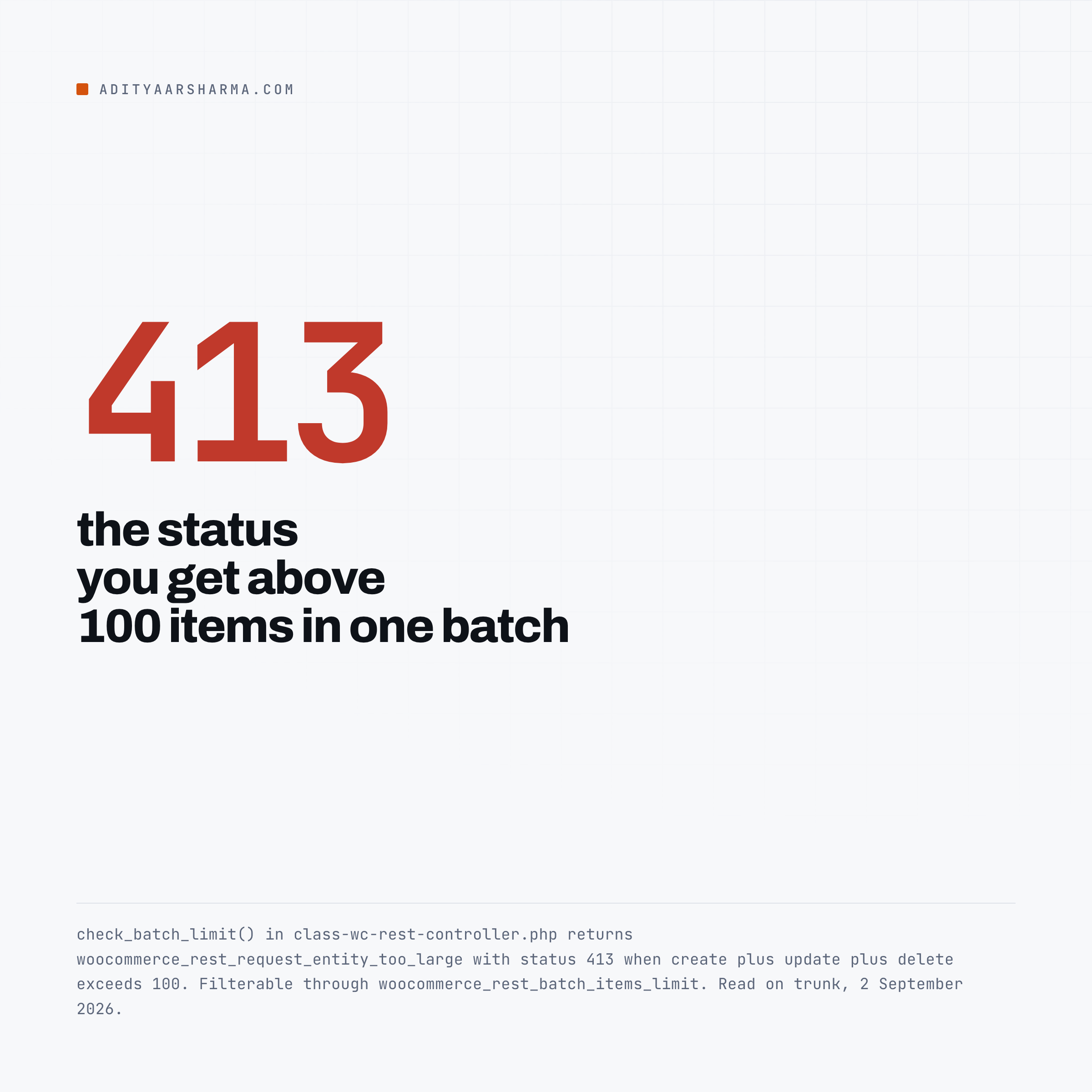 Stat card: HTTP 413, the status returned above 100 items in one WooCommerce batch request.