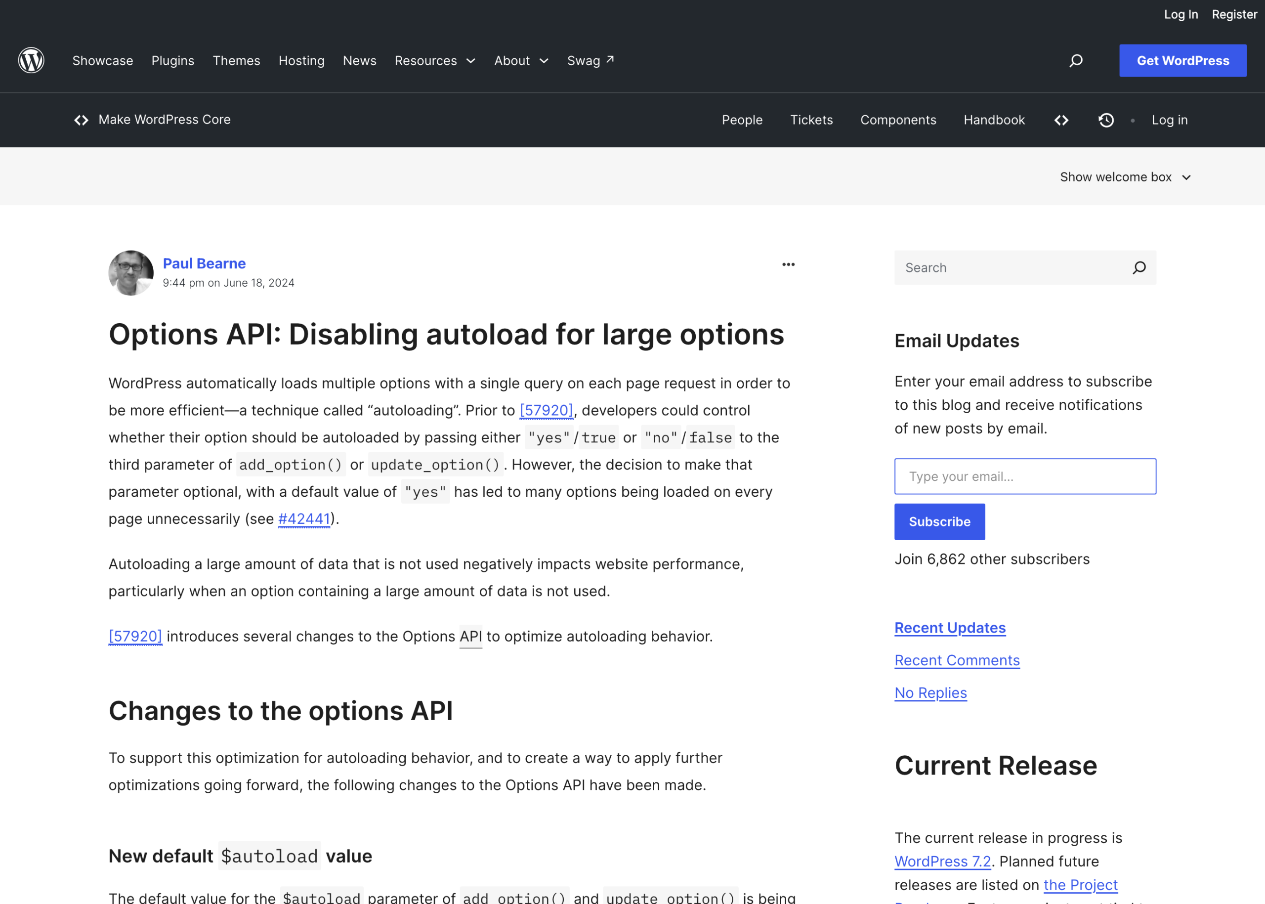 The WordPress 6.6 dev note on make.wordpress.org, Options API: disabling autoload for large options.