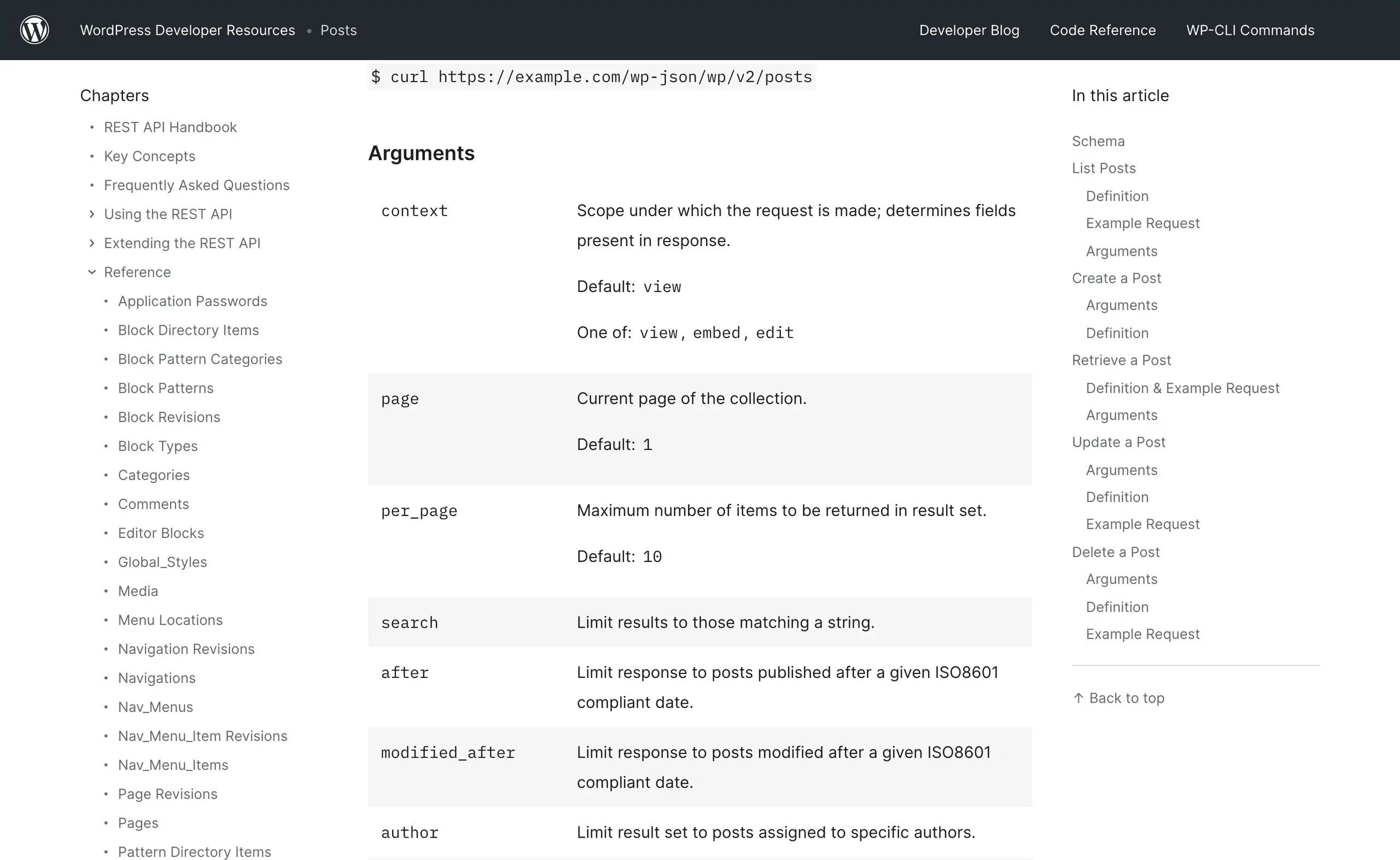 WordPress REST API posts reference showing the context argument defaulting to view