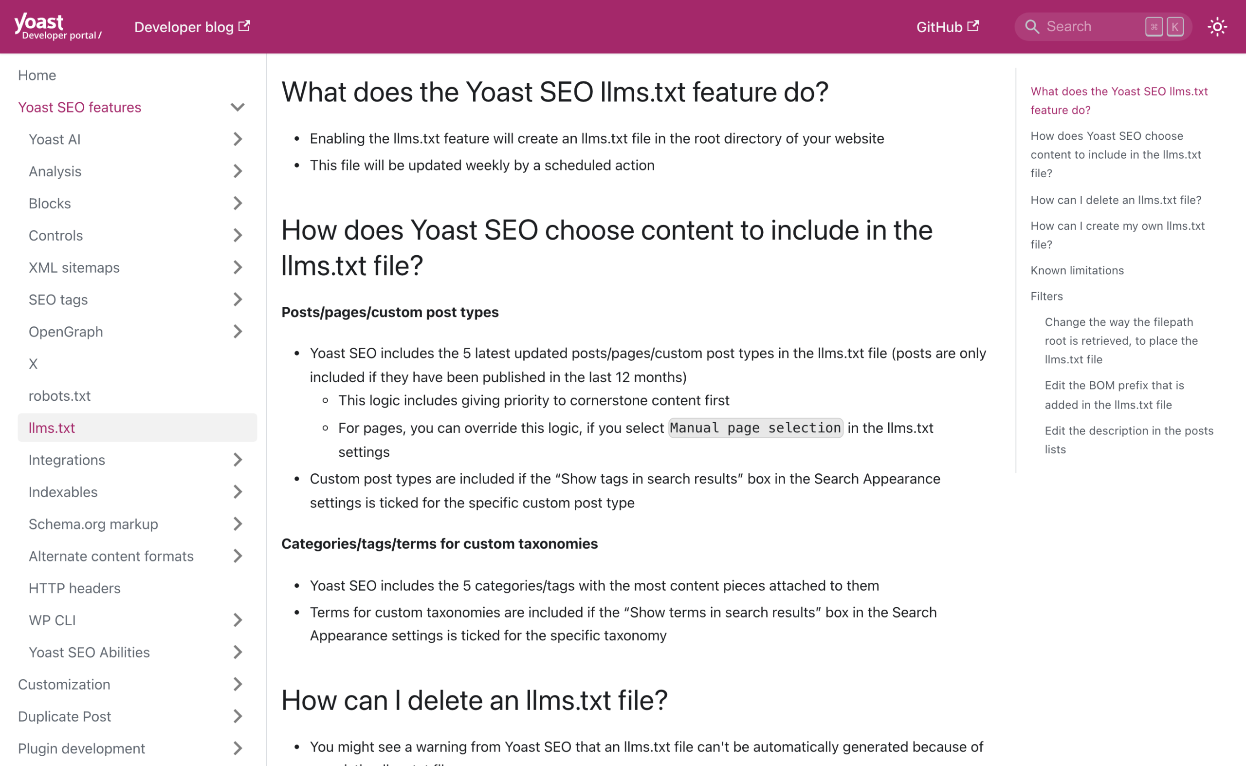 Yoast developer portal page describing how the Yoast SEO llms.txt feature chooses content, including the five latest updated posts