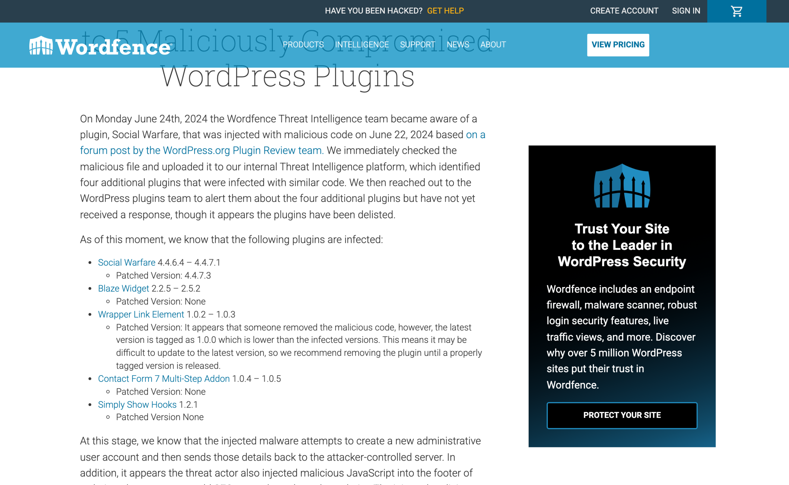 The Wordfence post listing five compromised plugins with their affected version ranges and patched versions
