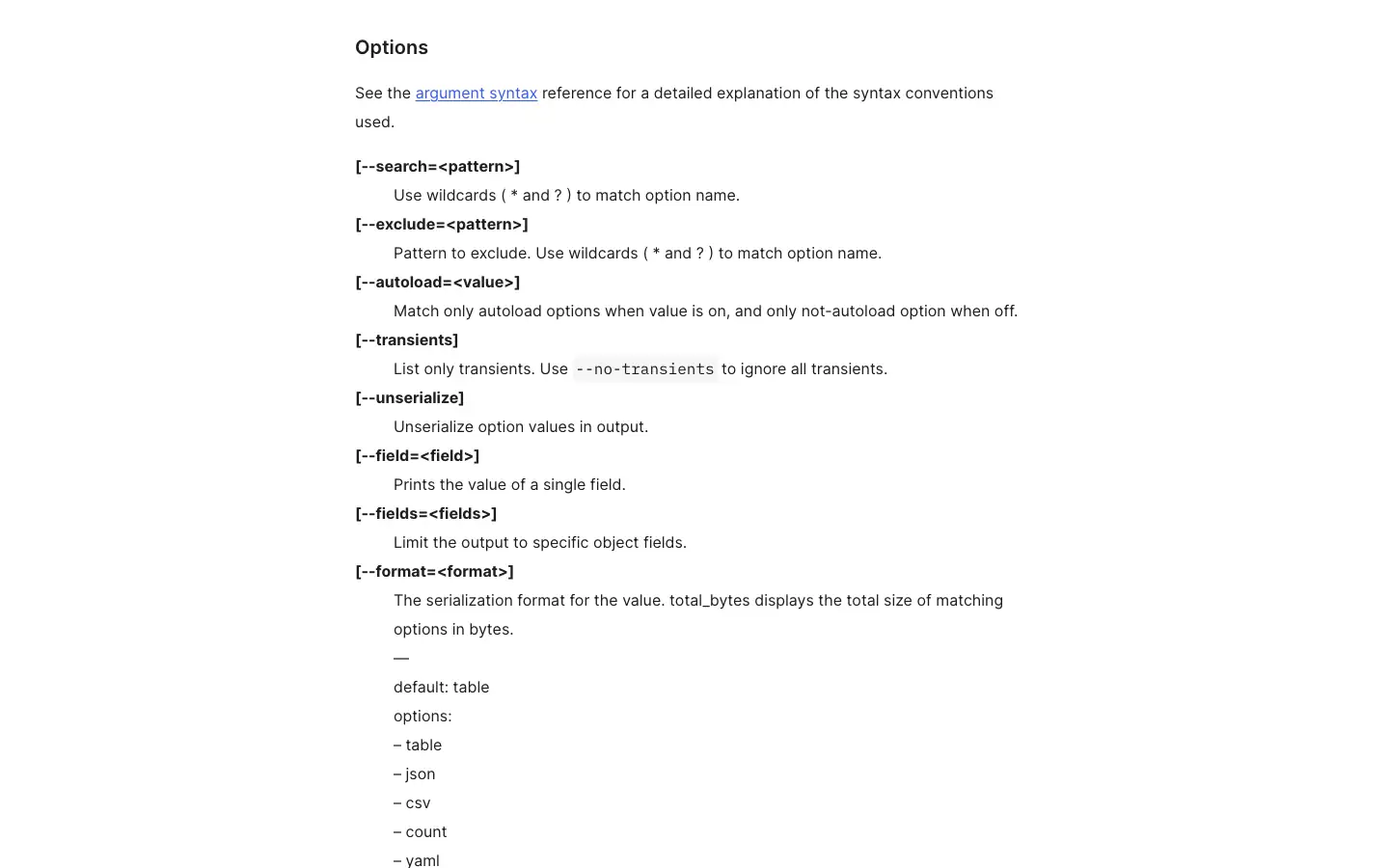The wp option list documentation showing the autoload flag and the size_bytes field.