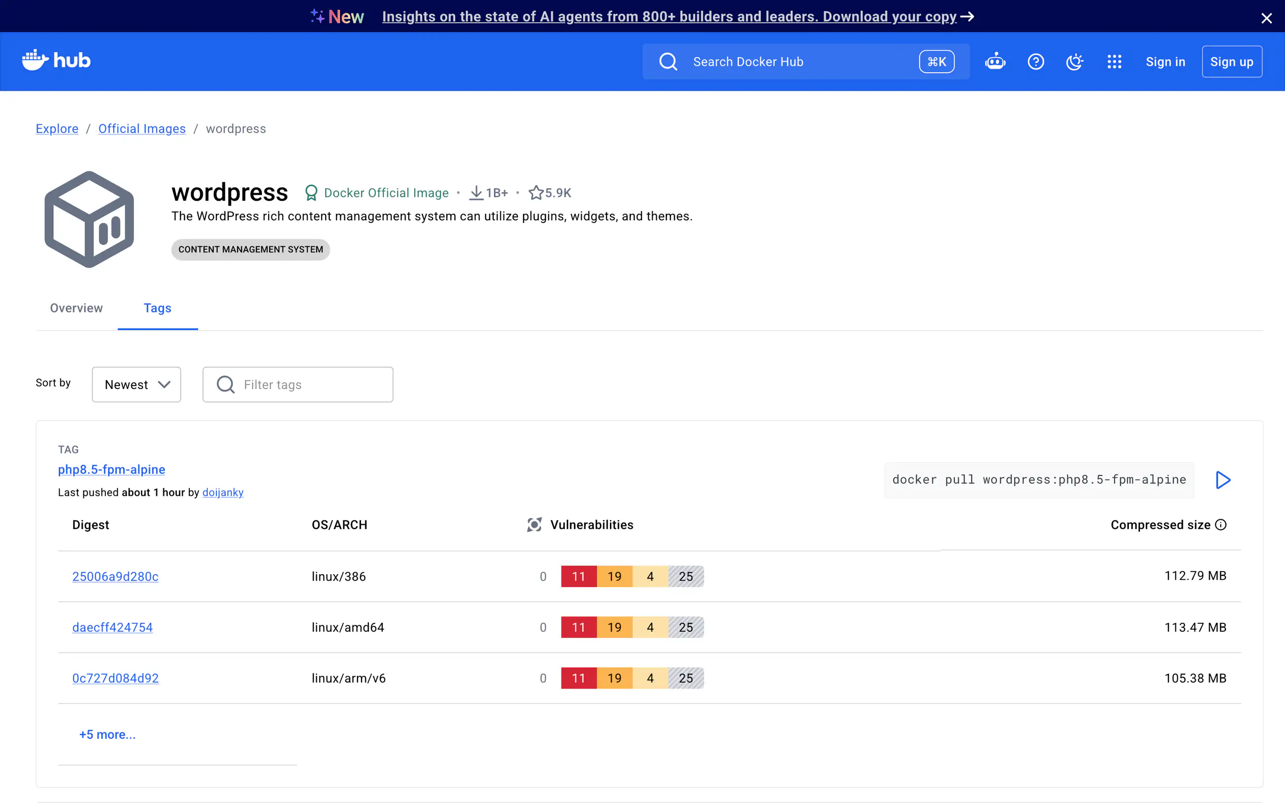 Docker Hub page for the official wordpress image showing 1B+ pulls and a vulnerability bar on the php8.5-fpm-alpine tag