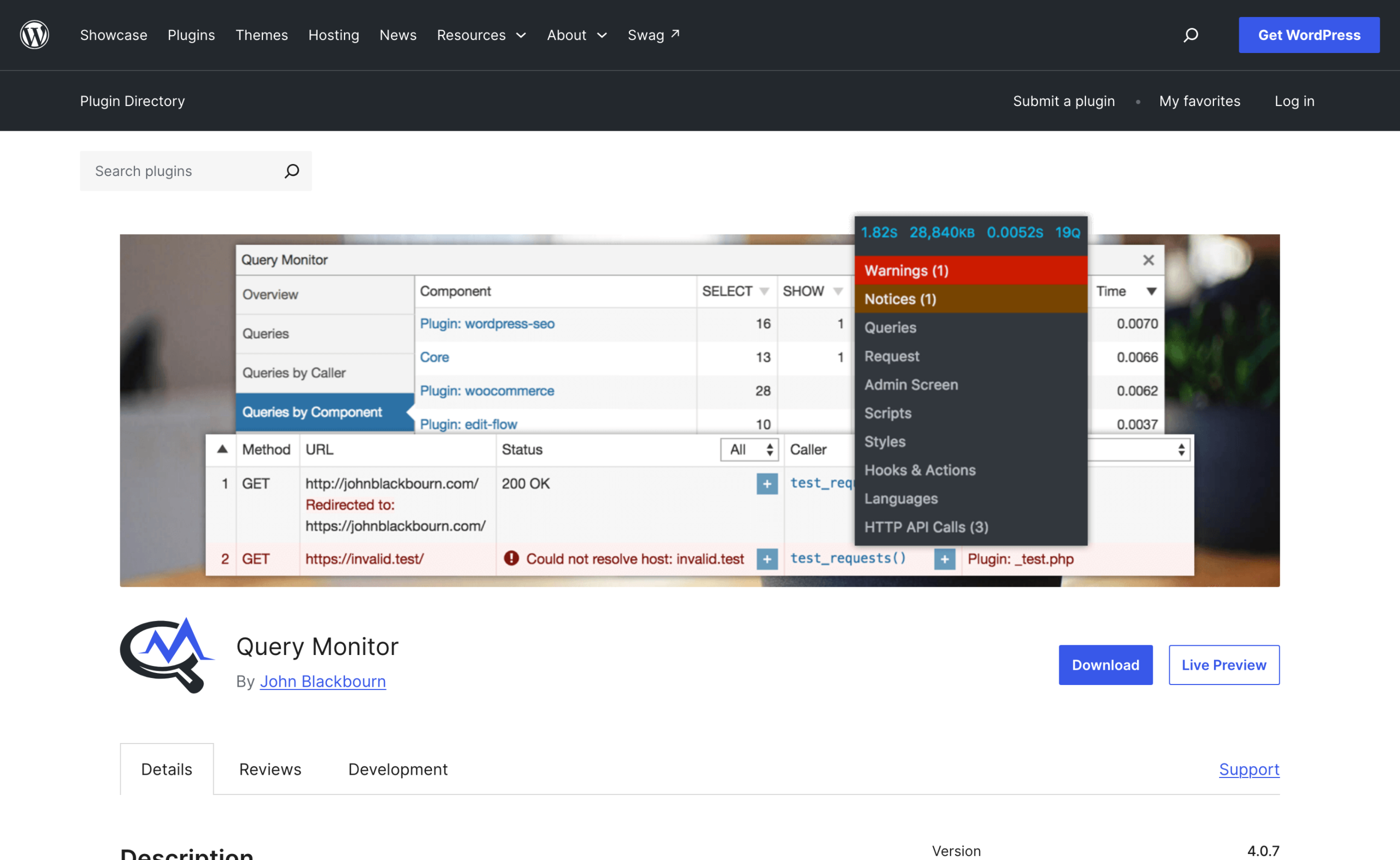 Query Monitor listing on the WordPress plugin directory showing its queries by component panel