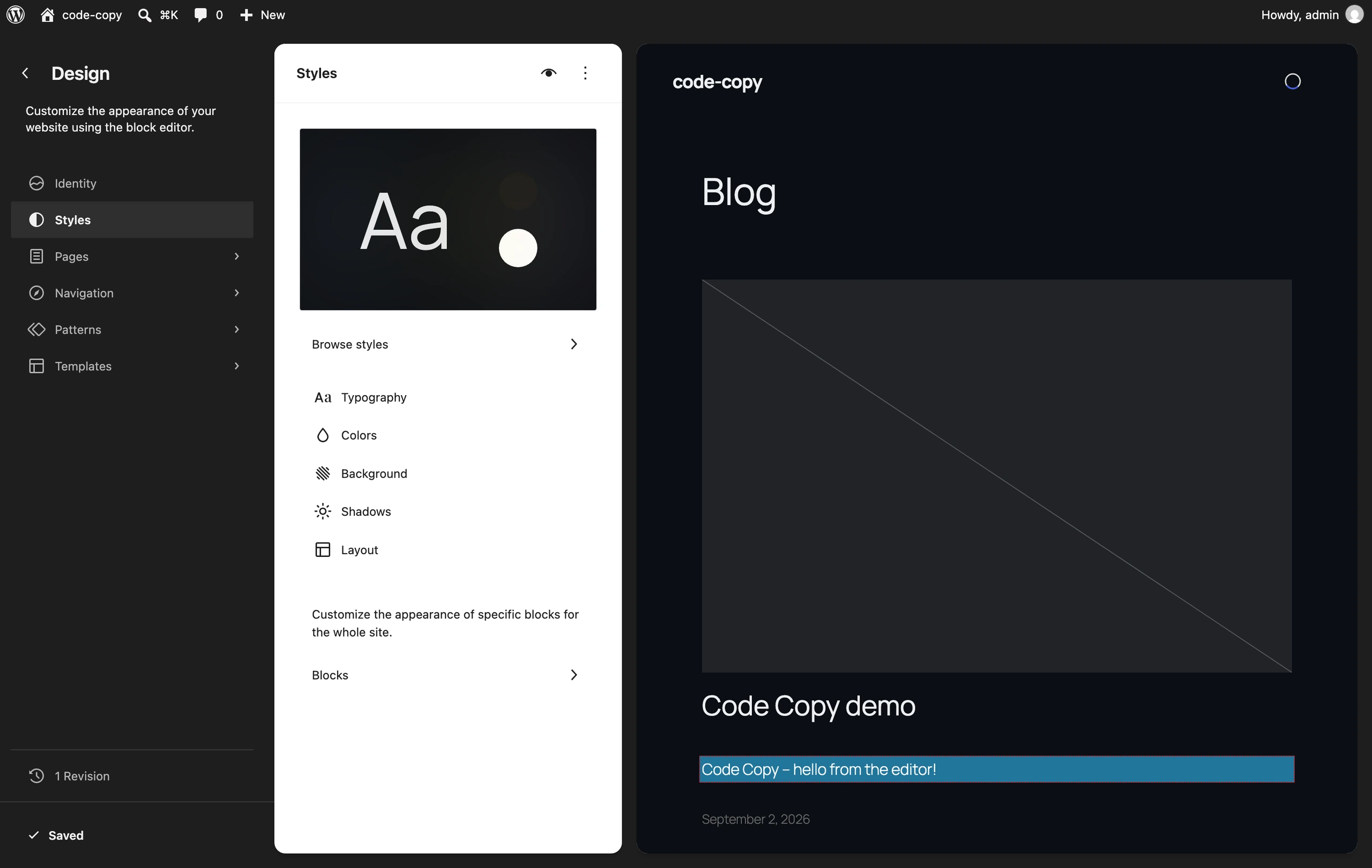 The WordPress Site Editor Styles panel showing the typography, colours, background, shadows and layout sections and a revision count.